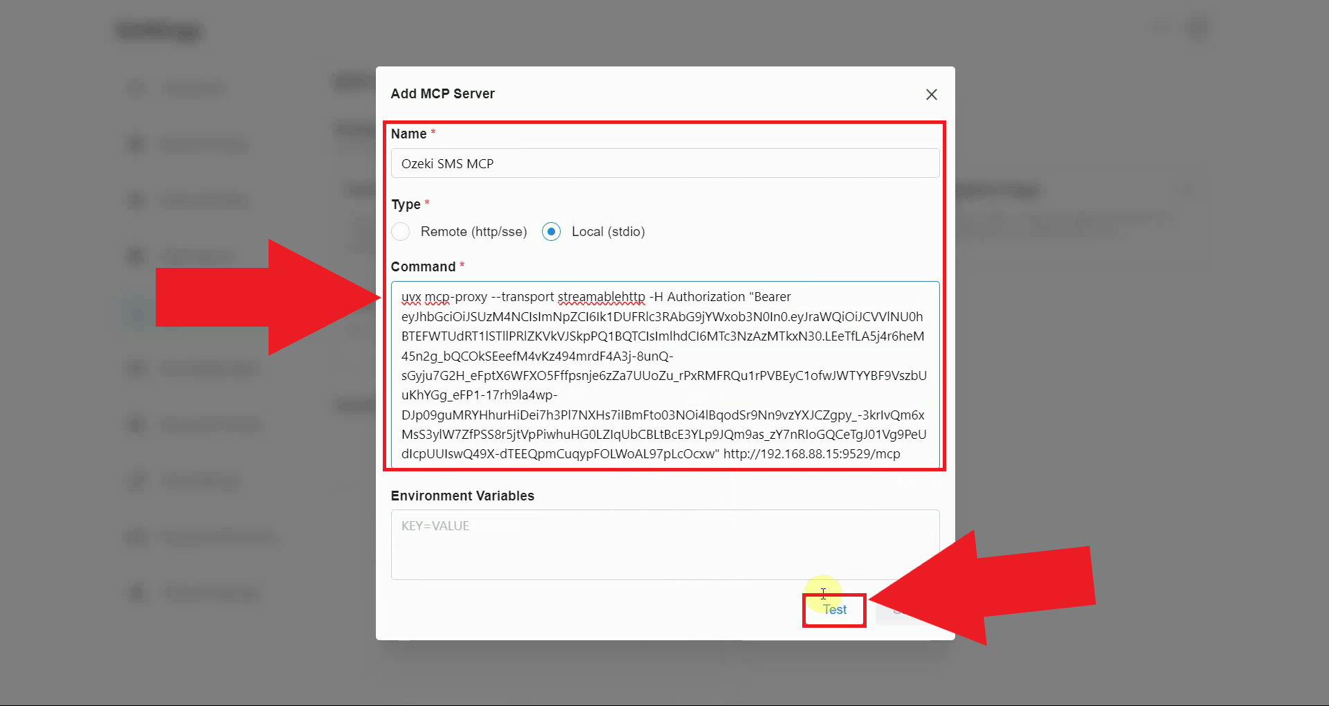 Enter server details and test connection in Chatbox
