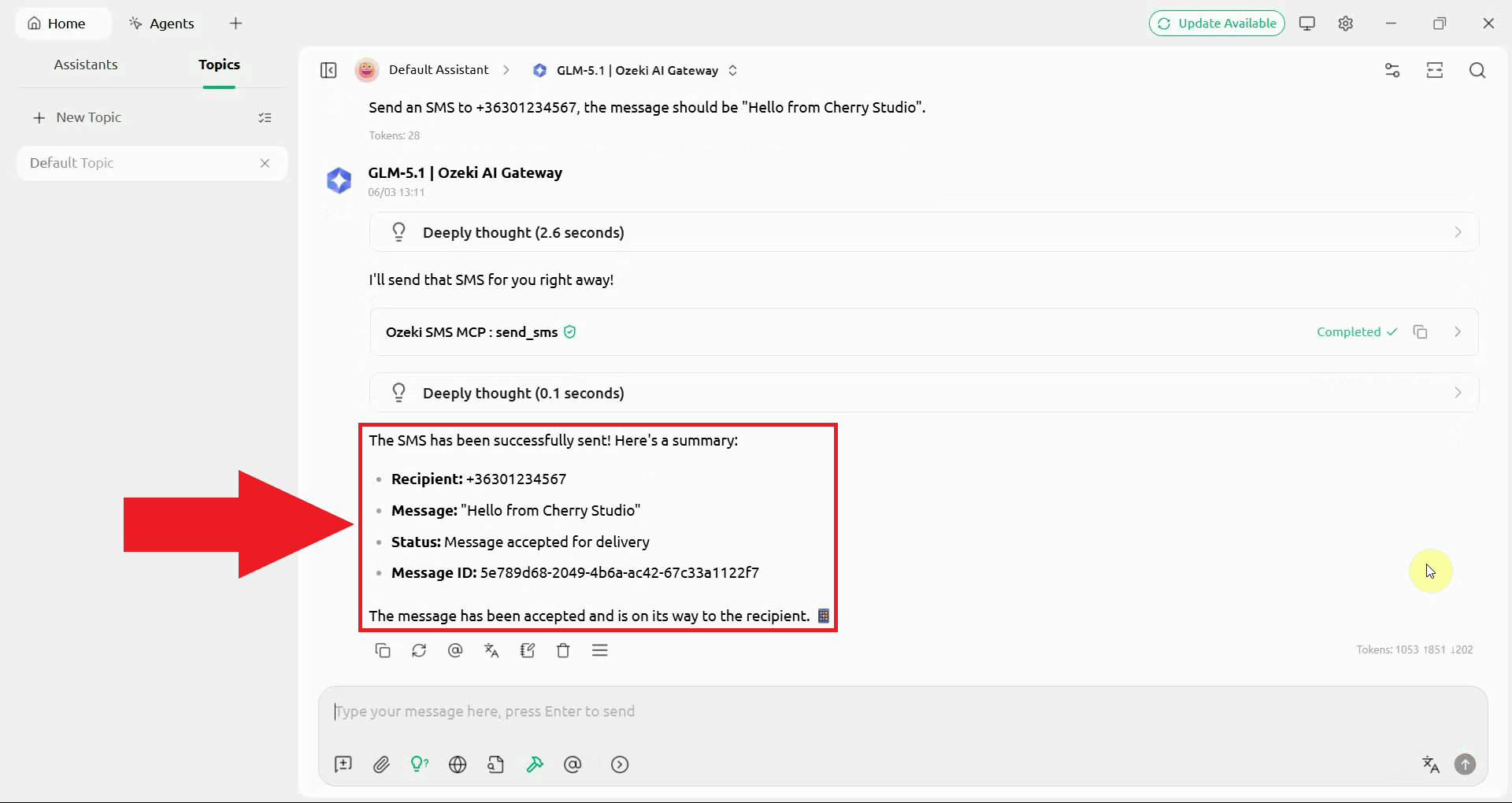 Send SMS tool result