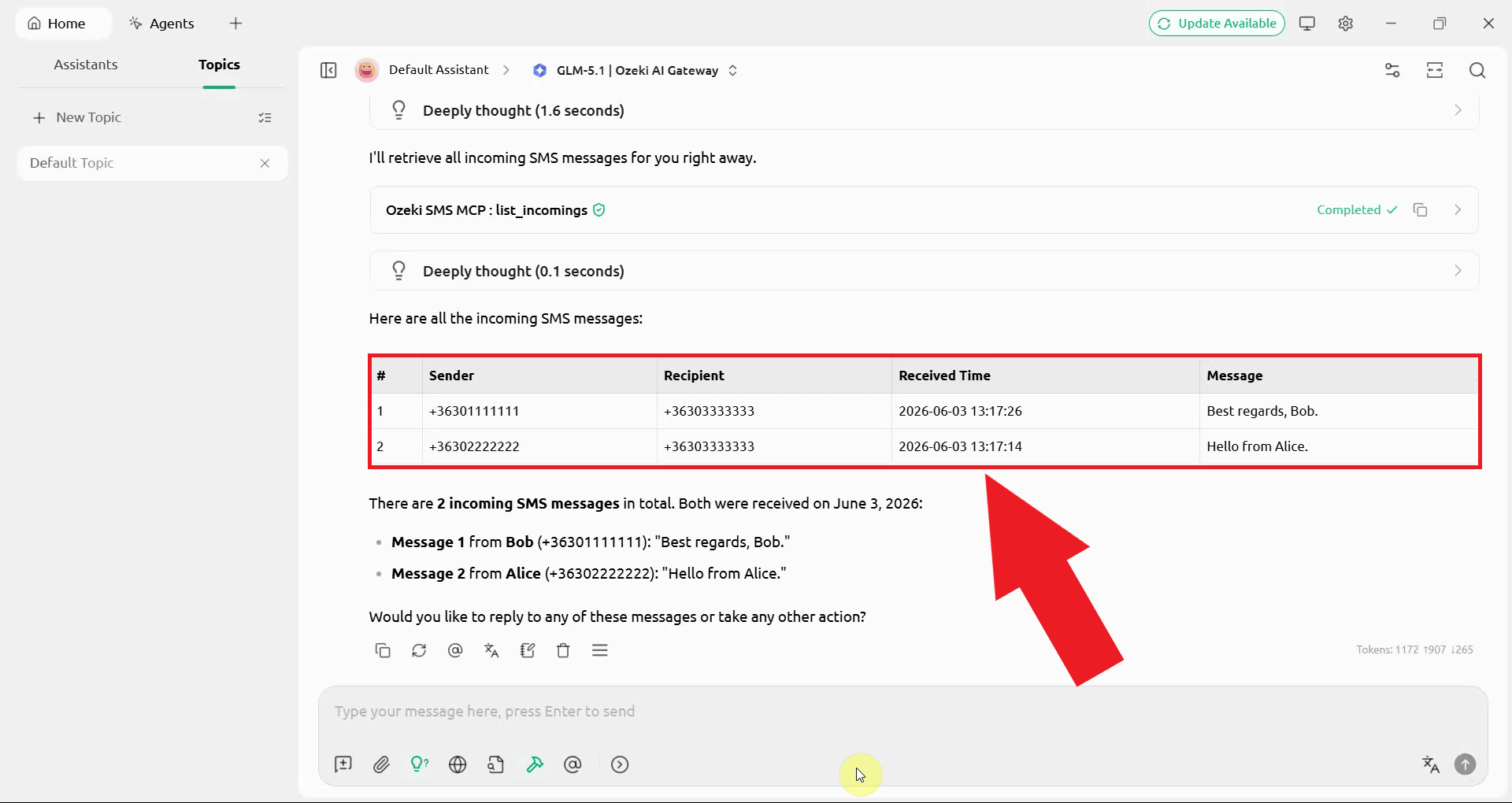List incoming messages tool result