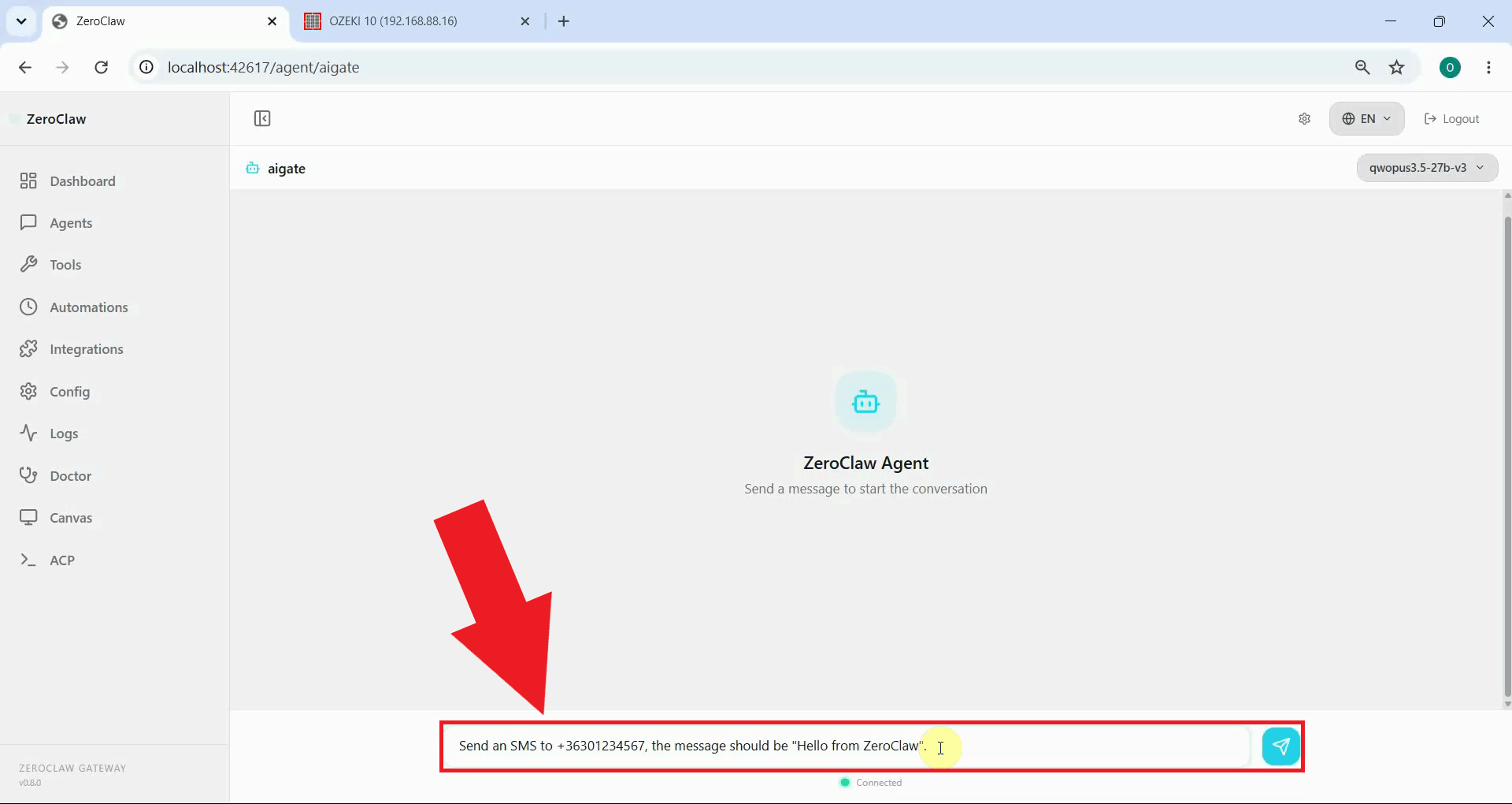 Instruct agent to send an SMS