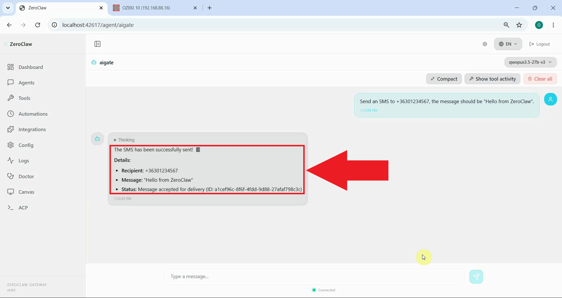 Send SMS tool result