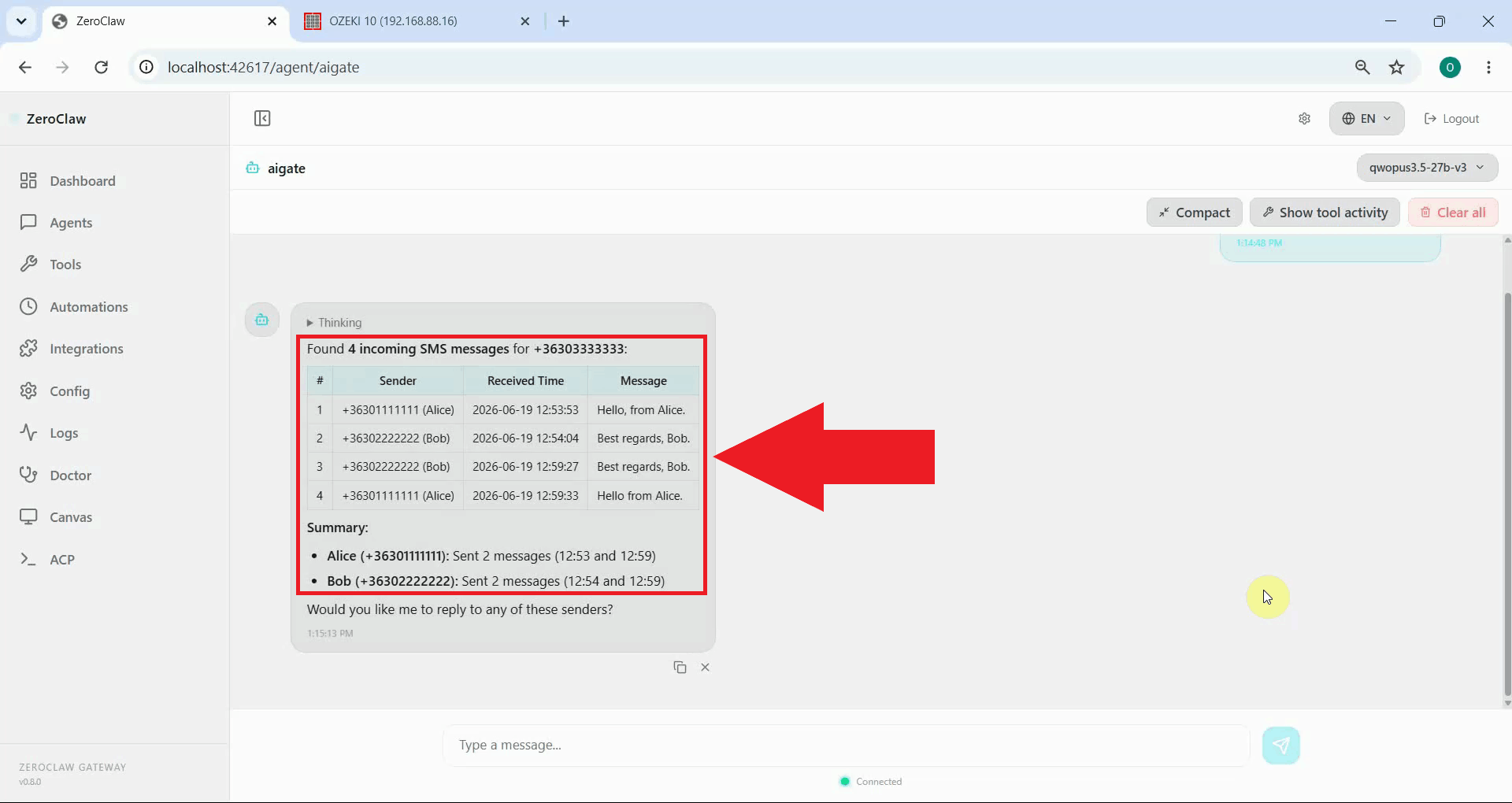 List incoming messages tool result