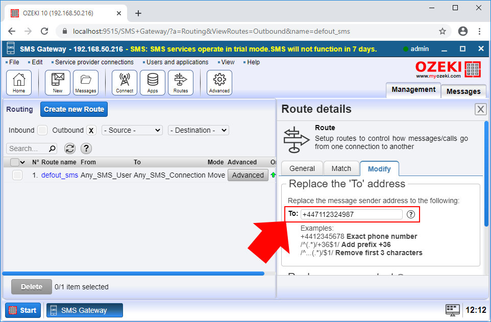 configure the recipient phone number