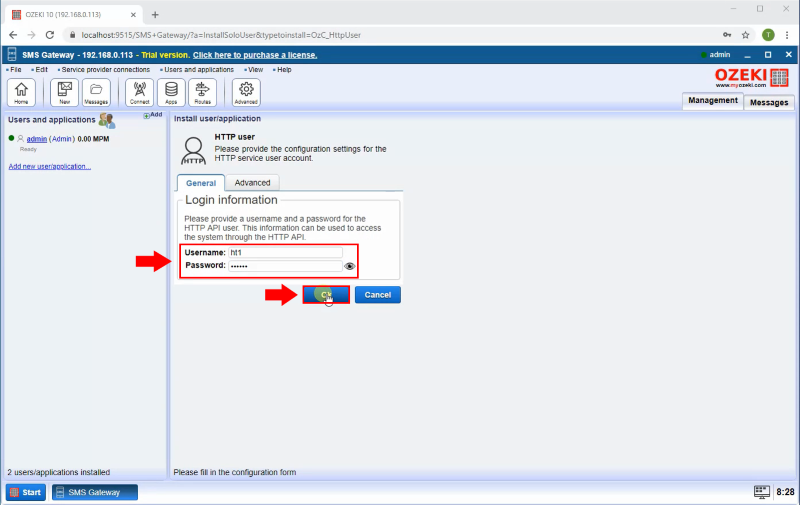 create ozeki sms gateway http user