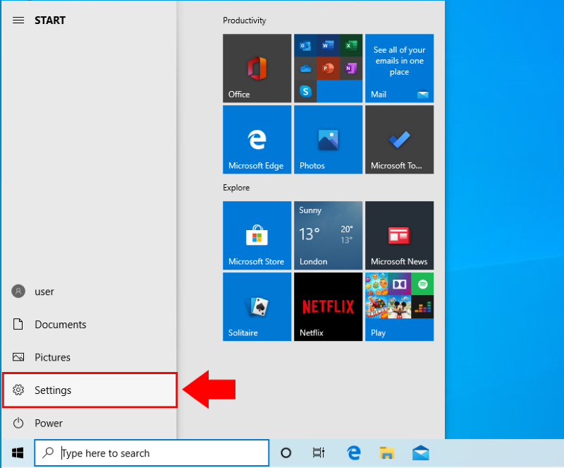 open settings from windows start menu