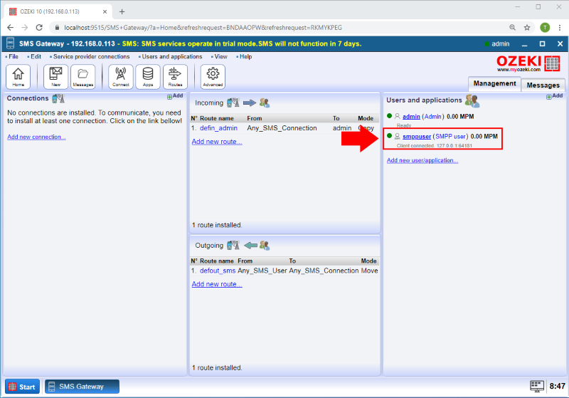 smpp user connected