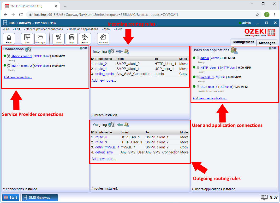 sms connections and routes on the ozeki gui