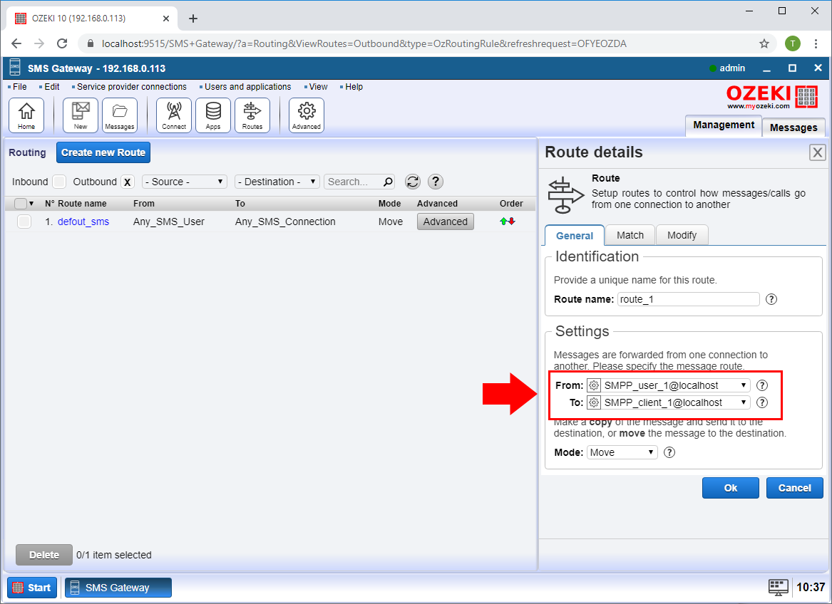 create an outbound sms route settings