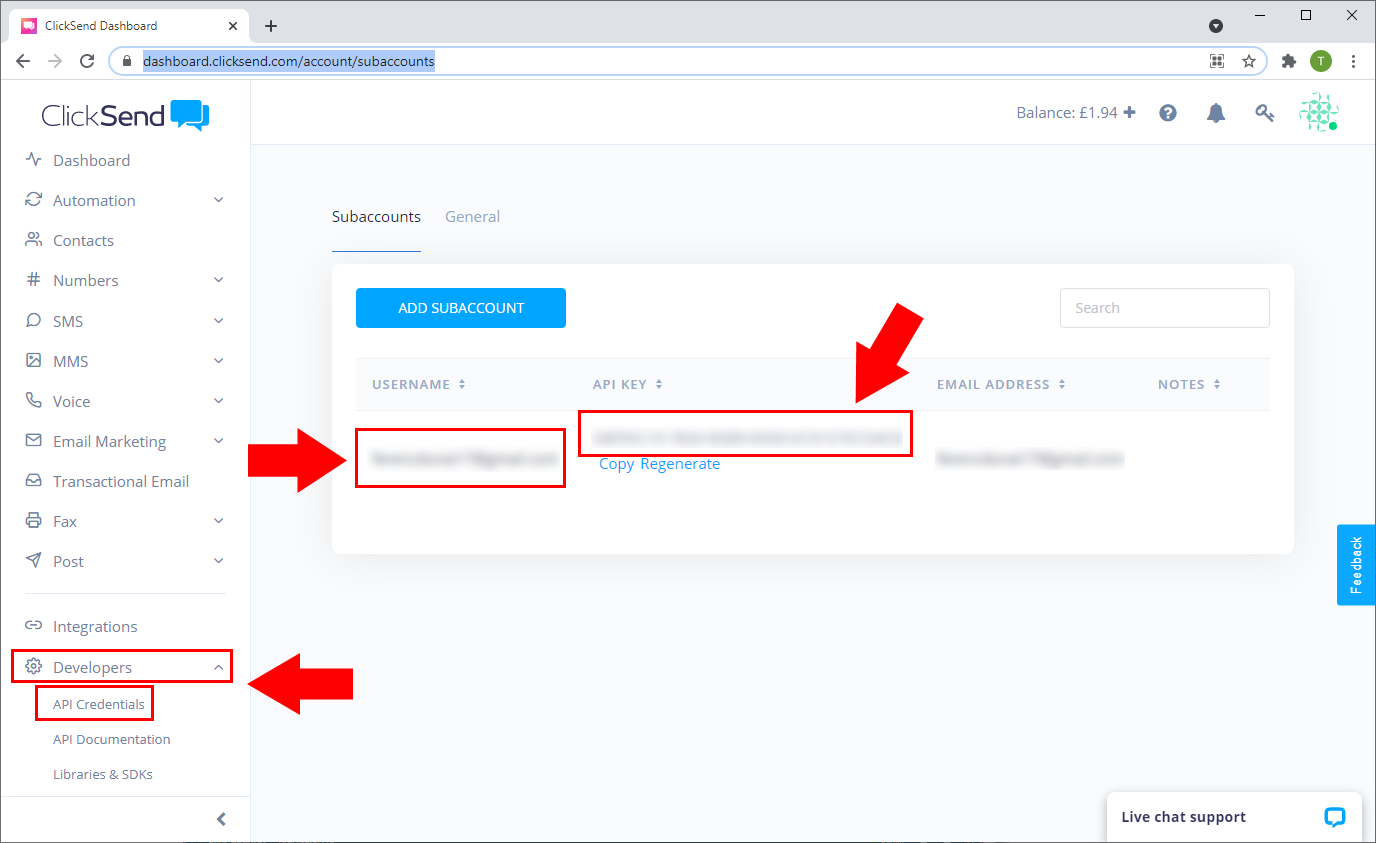 authentication infotmation location in clicksend site