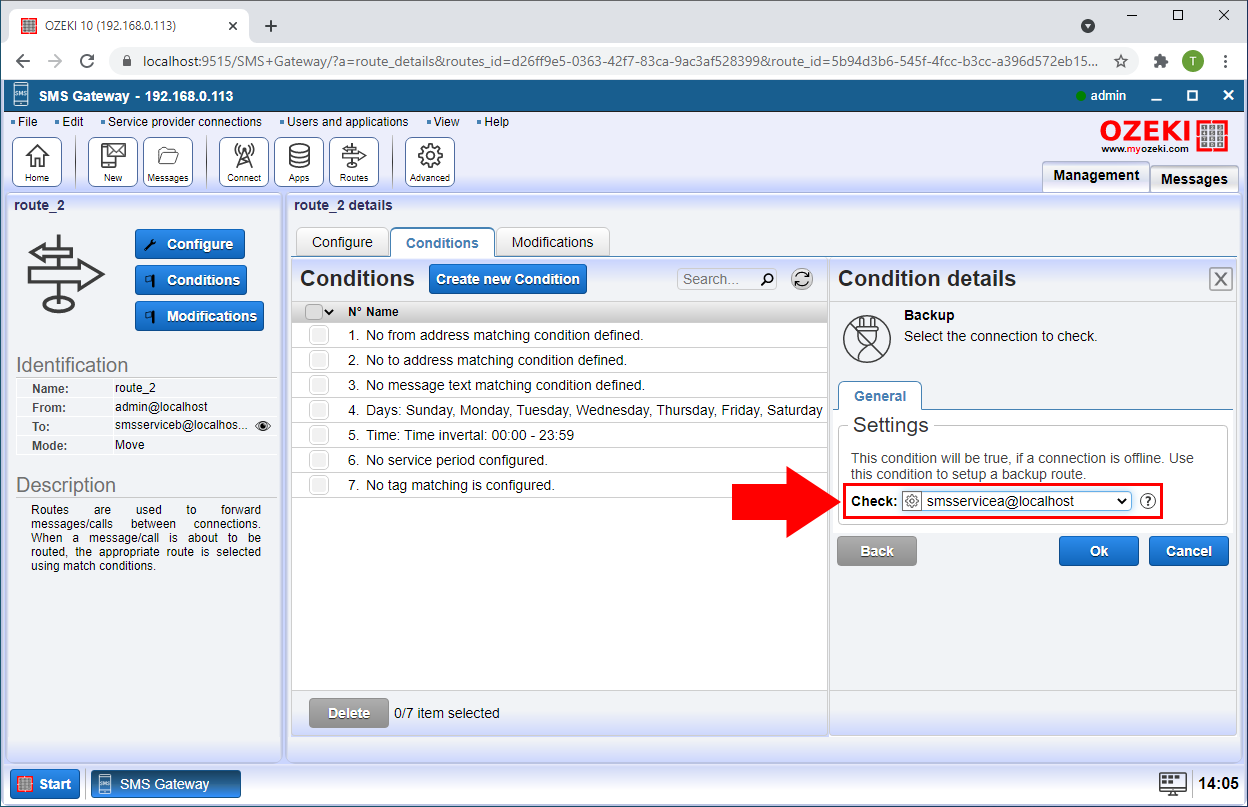 set smsservicea connection for the backup condition