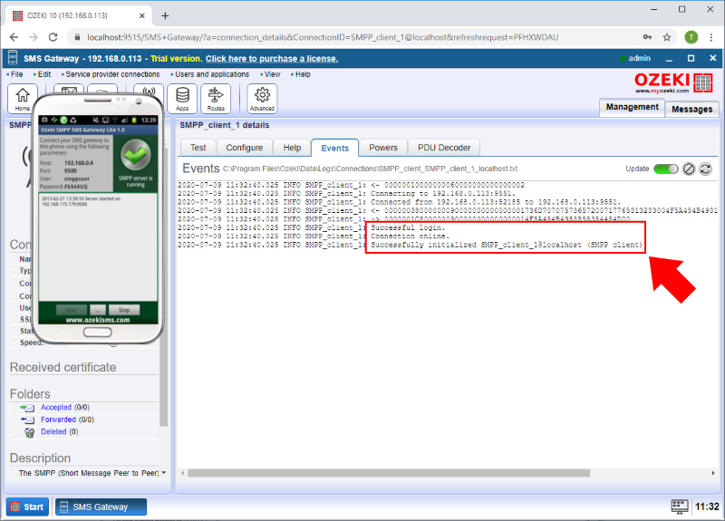 smpp connection has been installed successfully