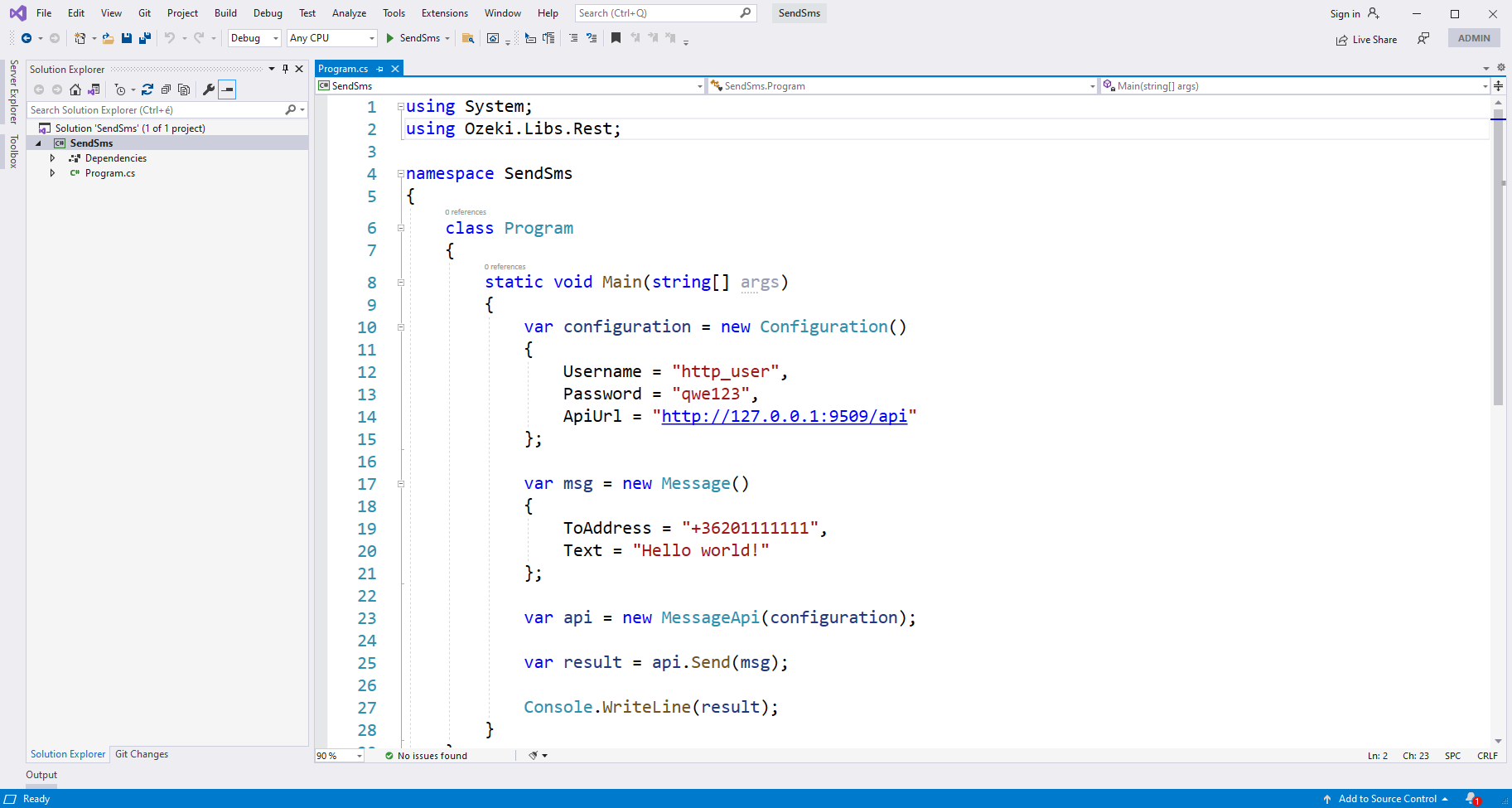 send sms sln visual studio solution