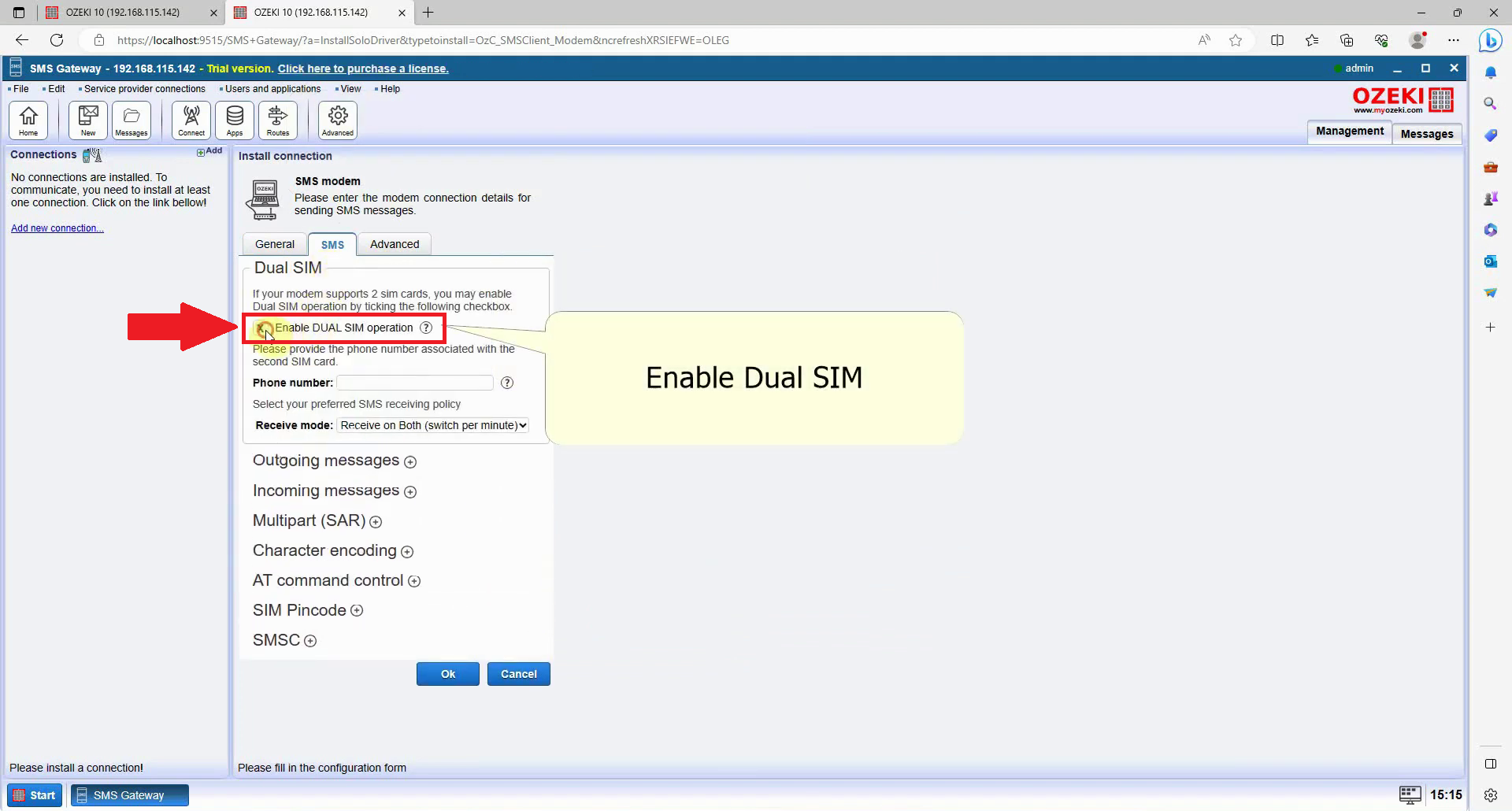 dual sim dropdown where enable dual sim is selected