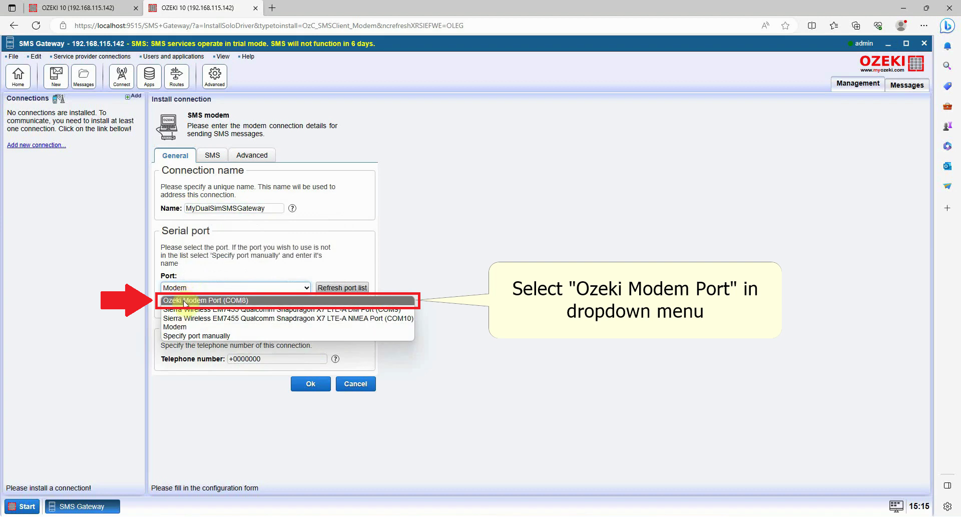 serial port menu where ozeki modem port is selected