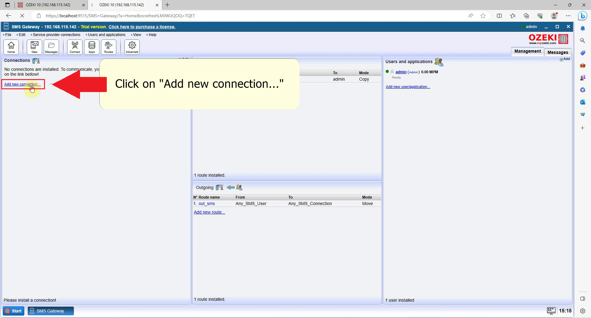 ozeki sms gateway showing connections add new connection in red square