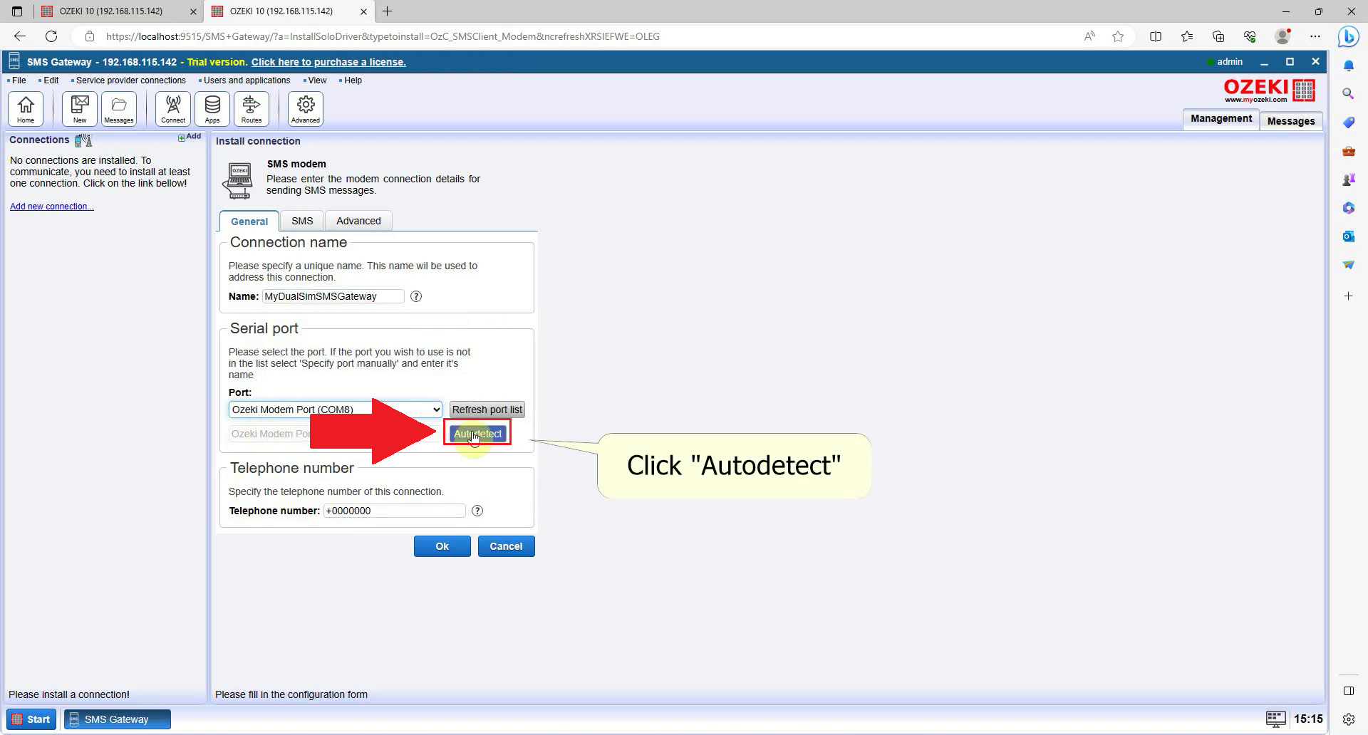 autodetect button in red square after serial port