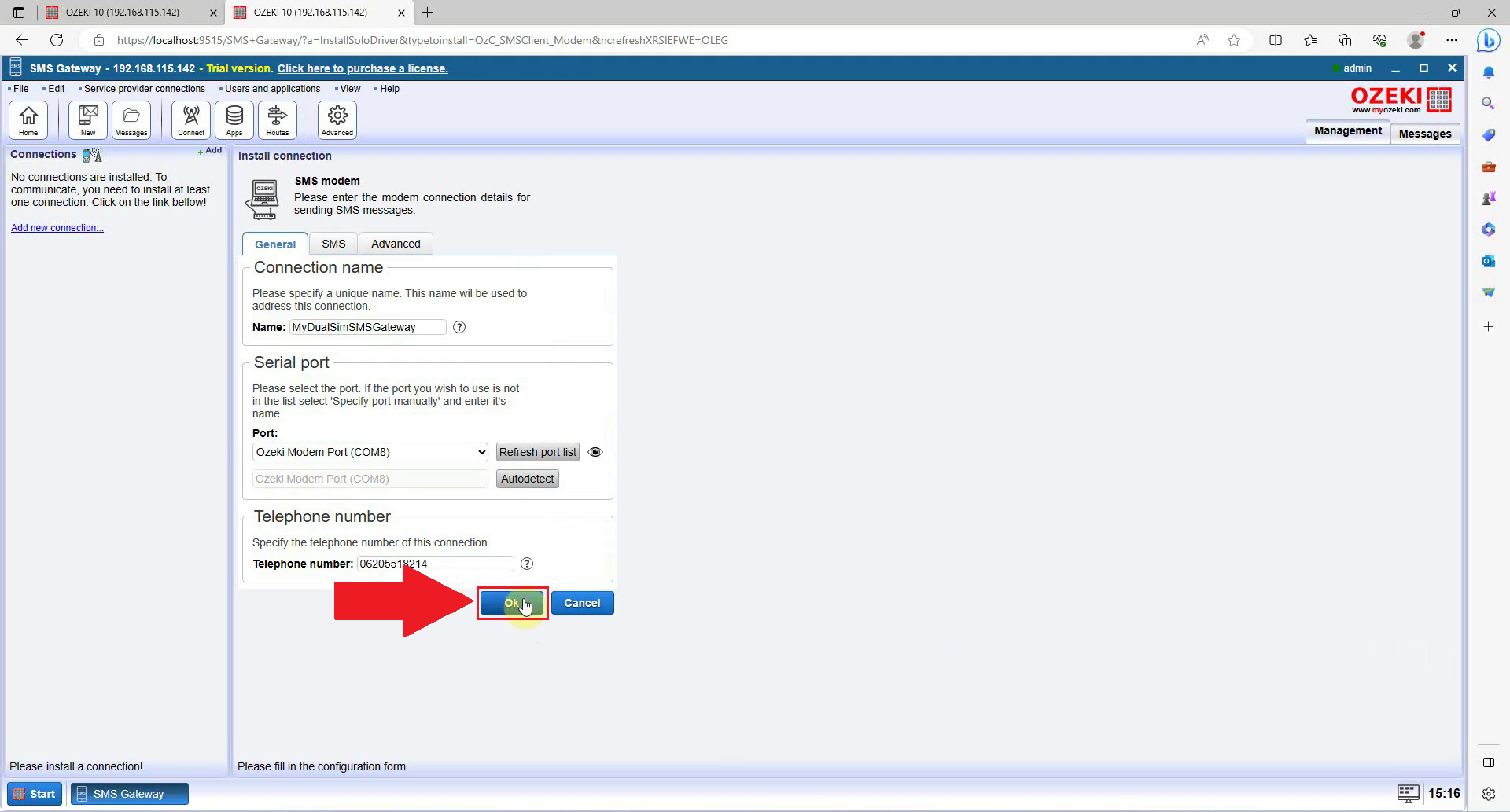 sms modem installer menu where ok button is in red square