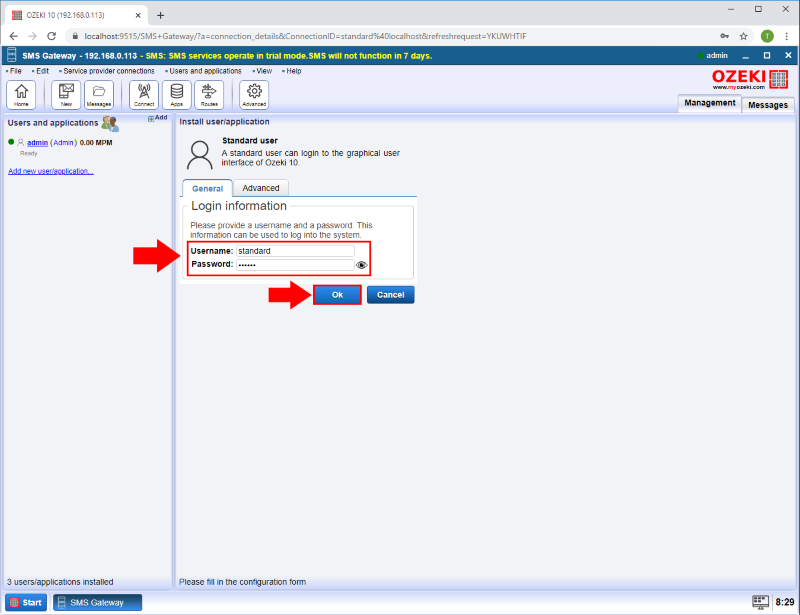 configure username and password