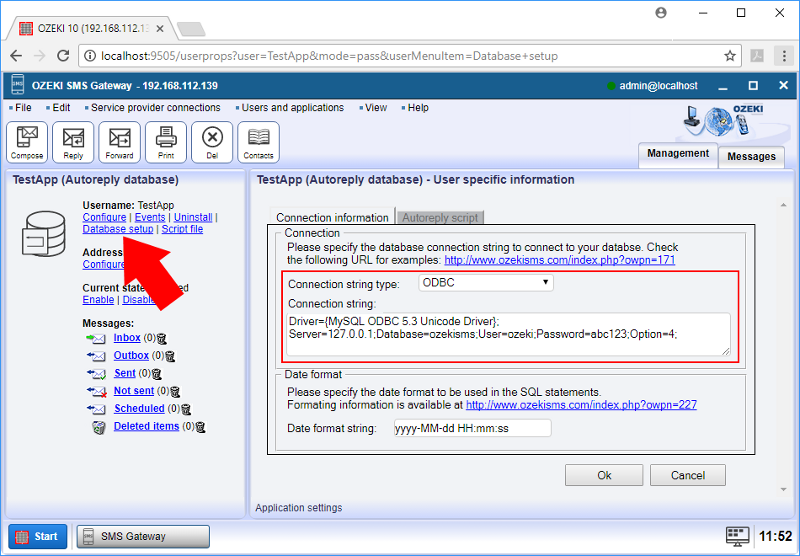 provide connection string of your database driver