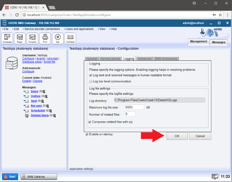 set the logging details on the logging tab and click ok