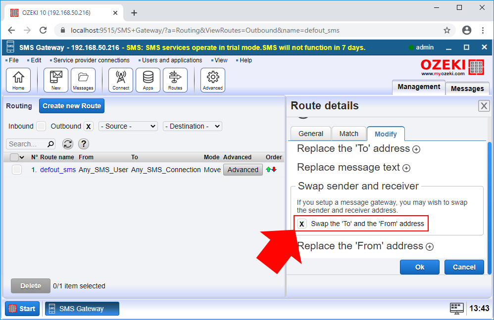 configure the swap of sender