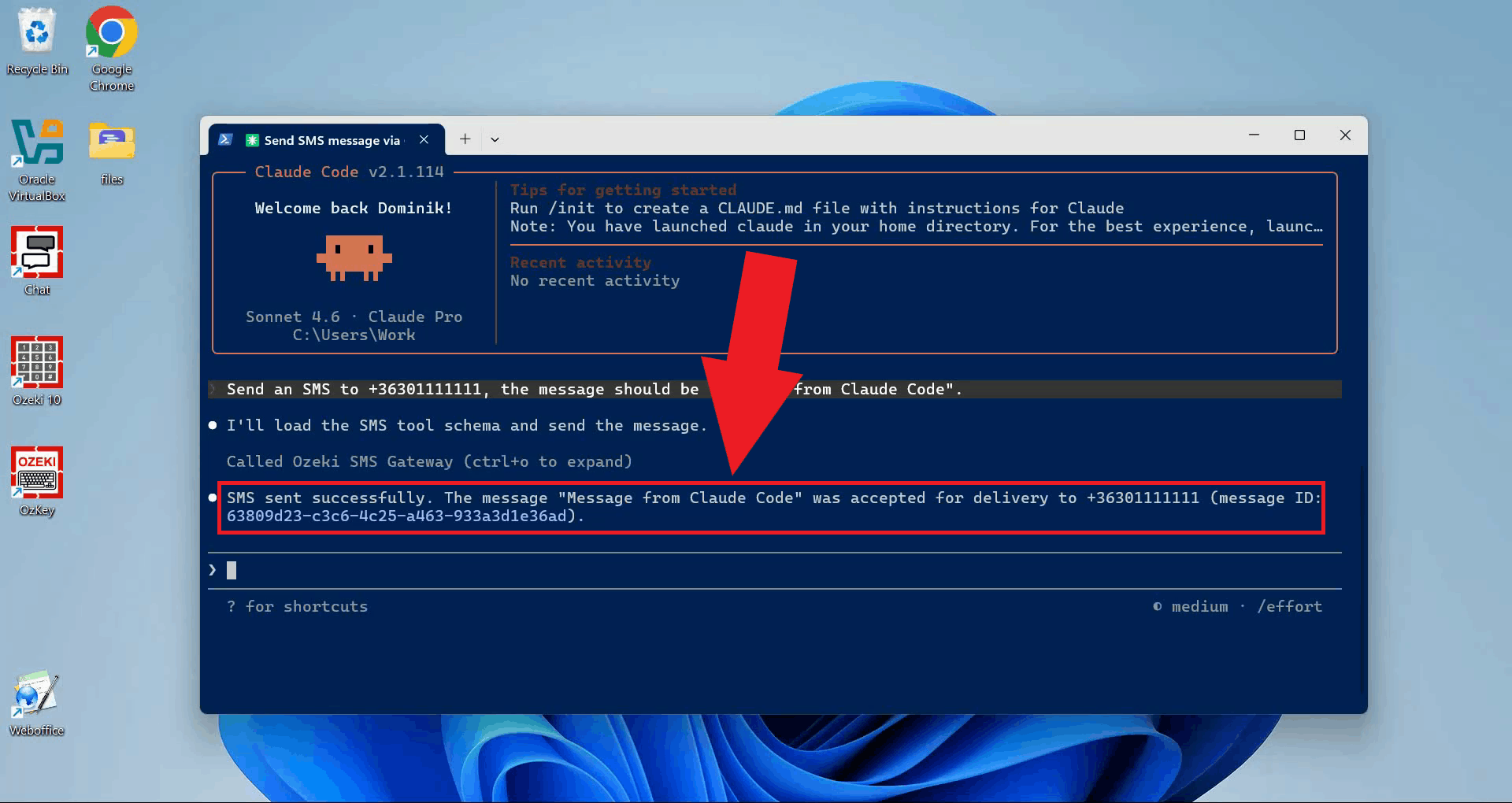 Send SMS tool result