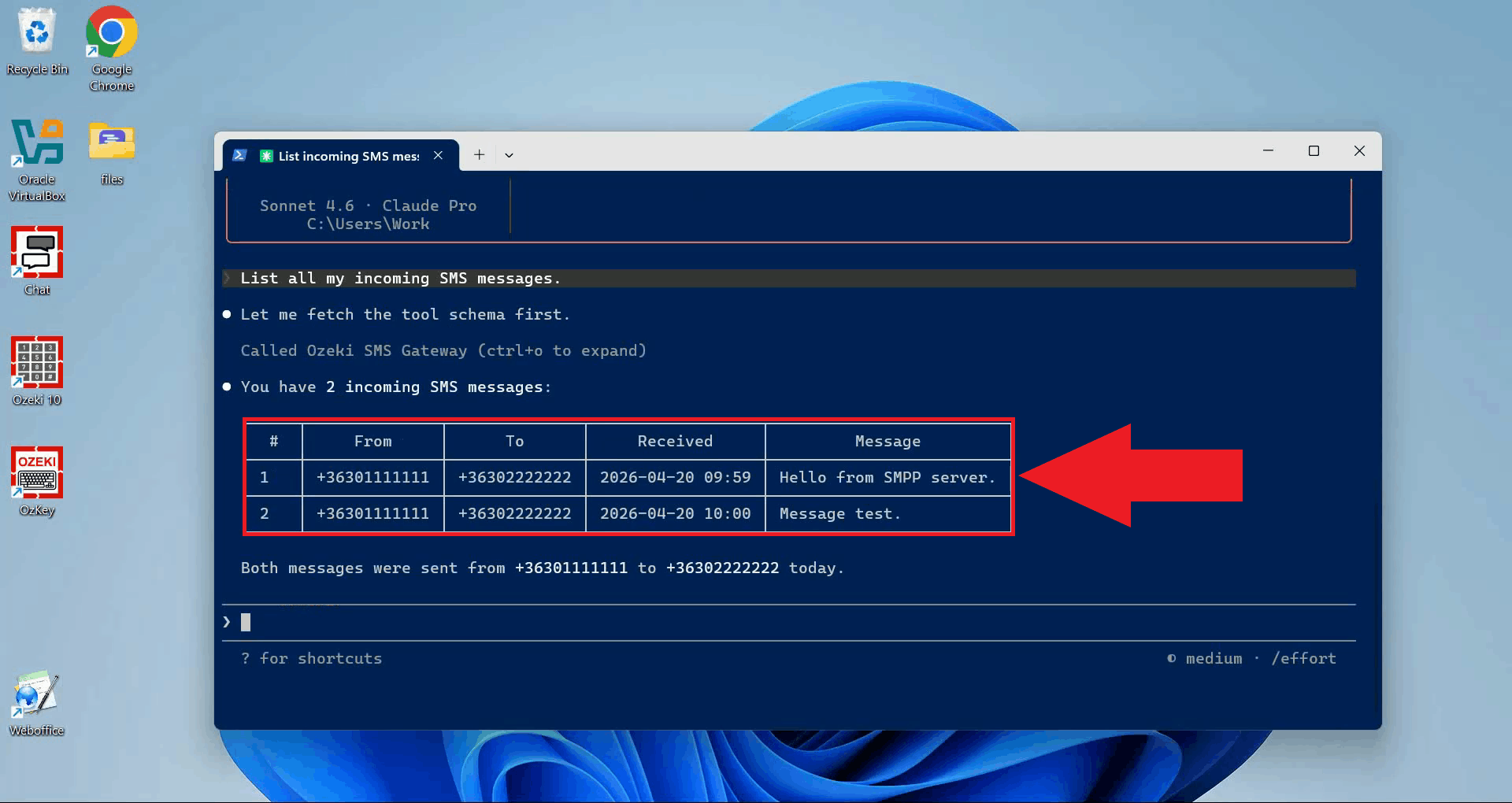 List incoming messages tool result