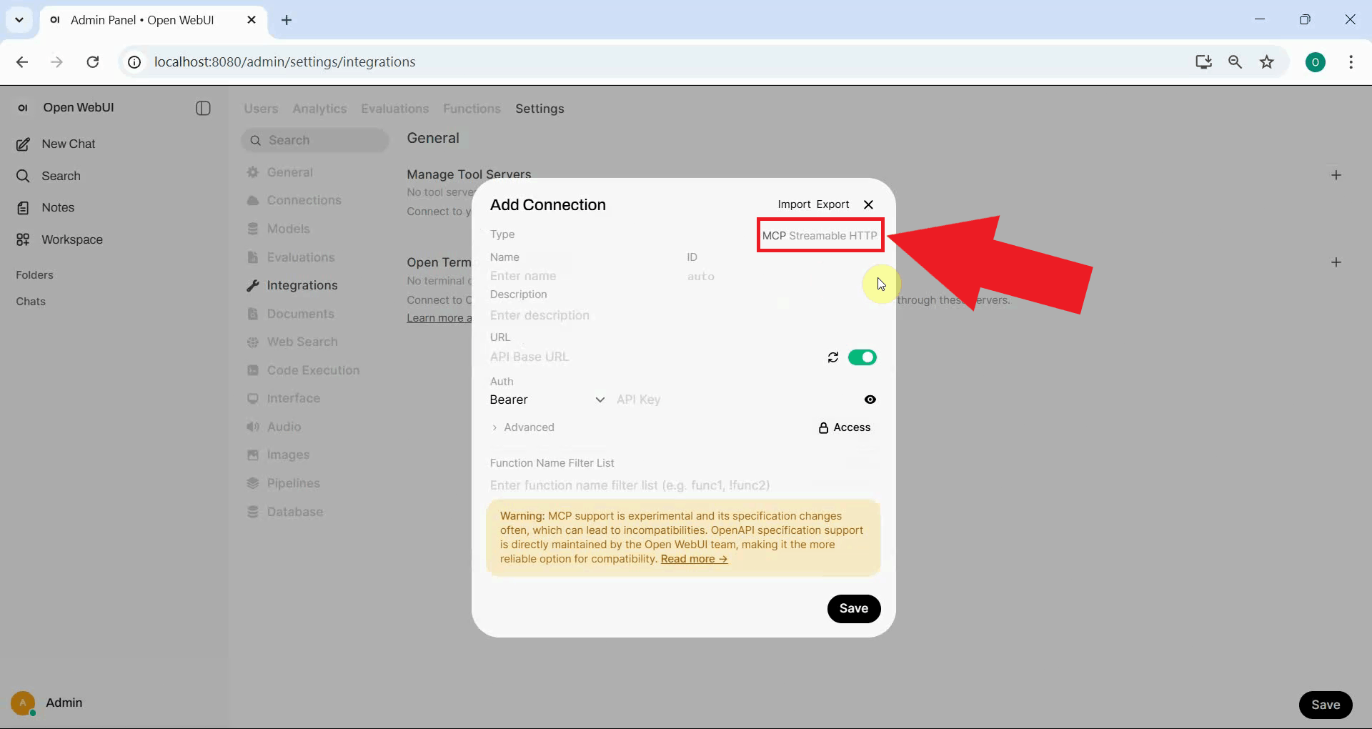 Set connection type to Streamable HTTP