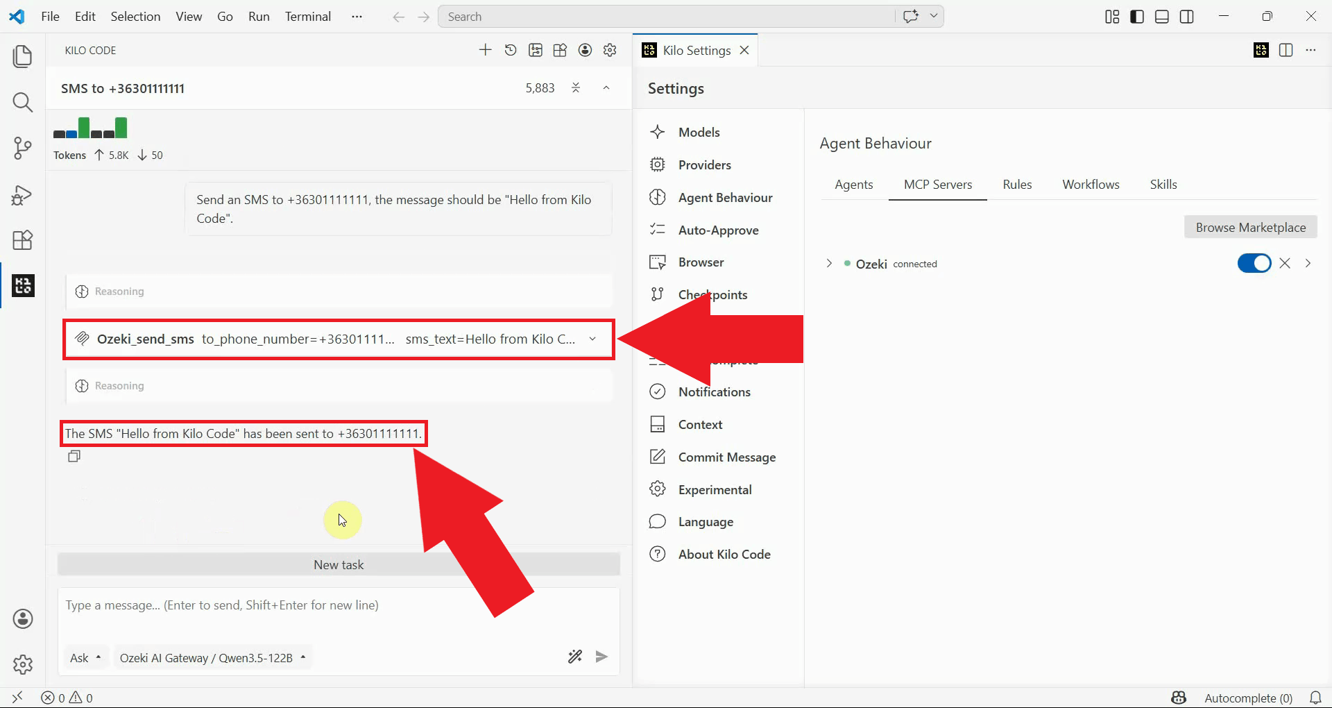 Send SMS tool result