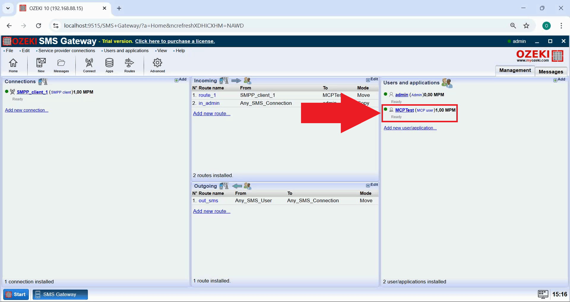 Open MCP user details in SMS Gateway