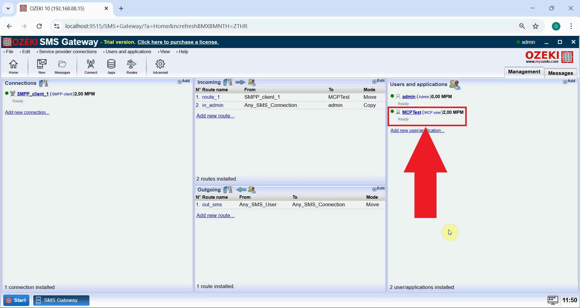 Open MCP user details in SMS Gateway