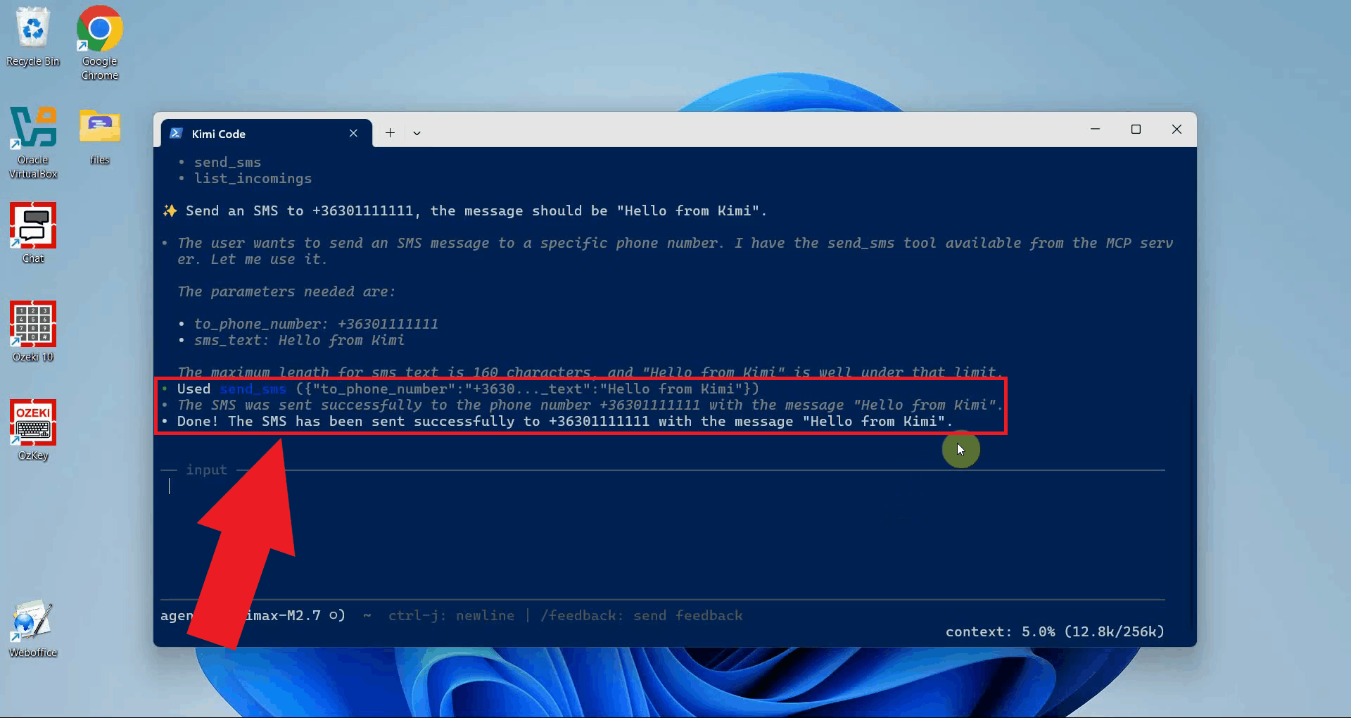Send SMS tool result in Kimi CLI