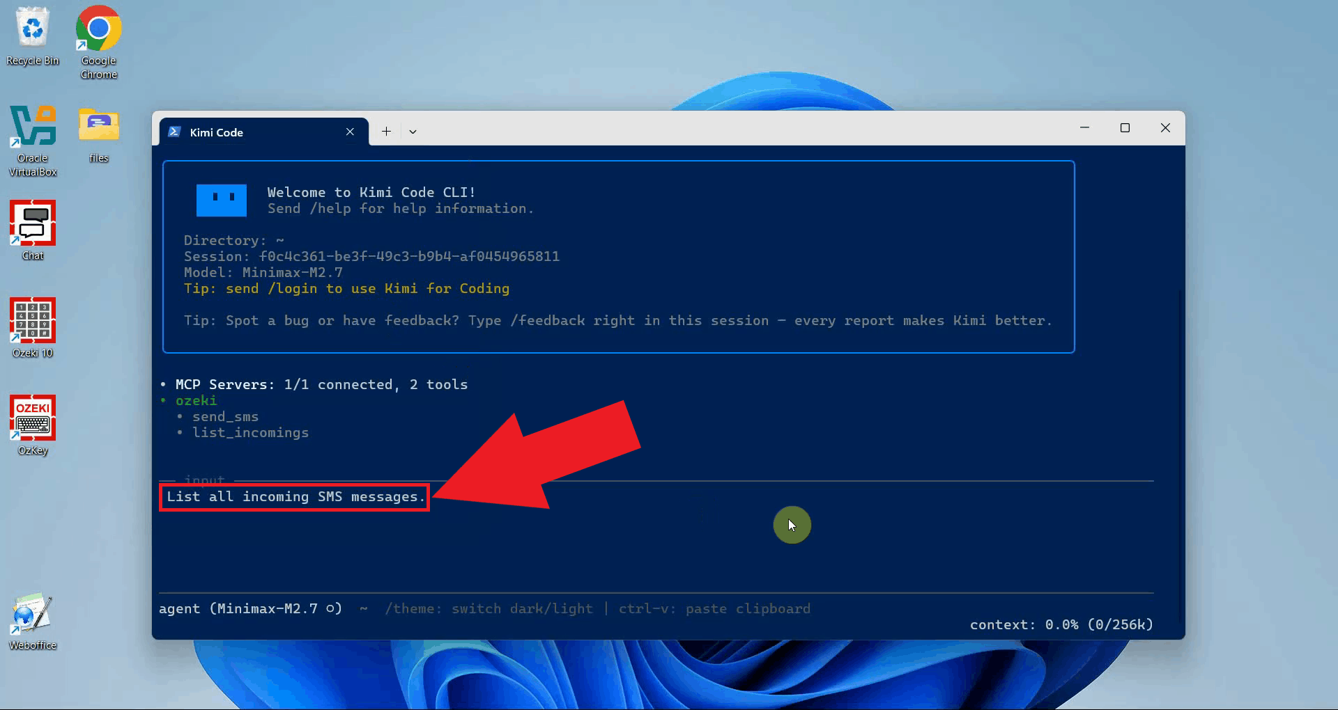 Instruct the AI agent to list incoming messages in Kimi CLI
