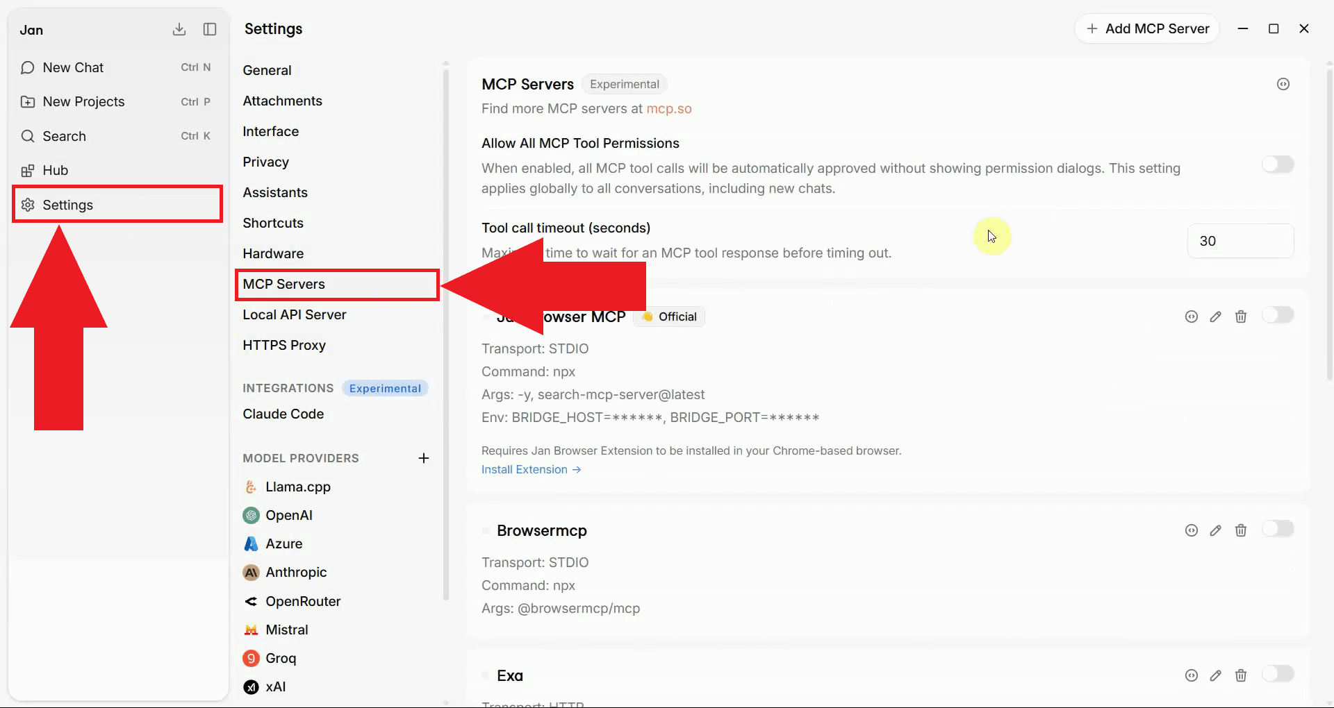 Navigate to MCP Servers in Jan settings