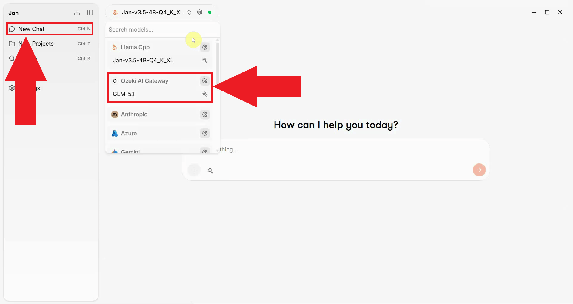 Start new chat and select Ozeki AI Gateway provider