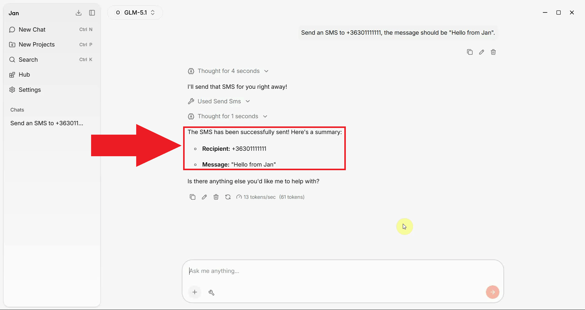 Send SMS tool result