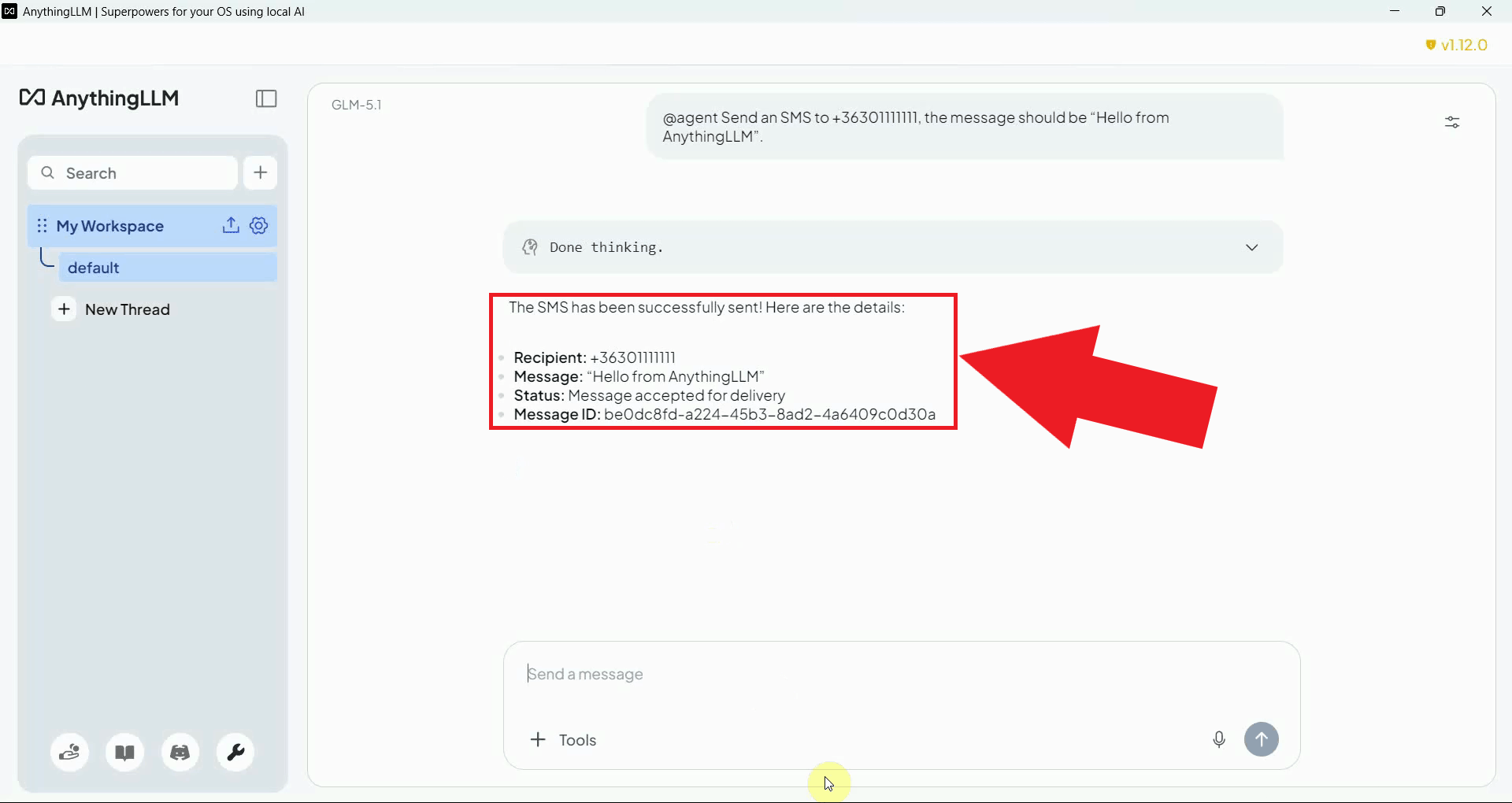 Send SMS tool result