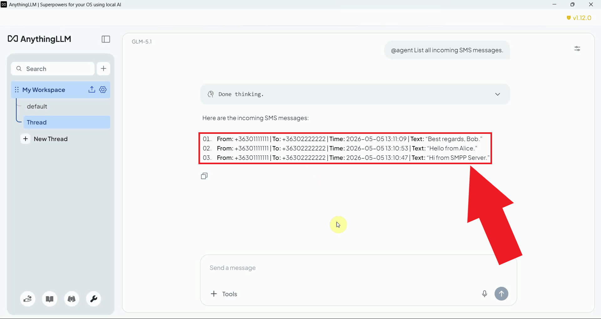 List incoming messages tool result