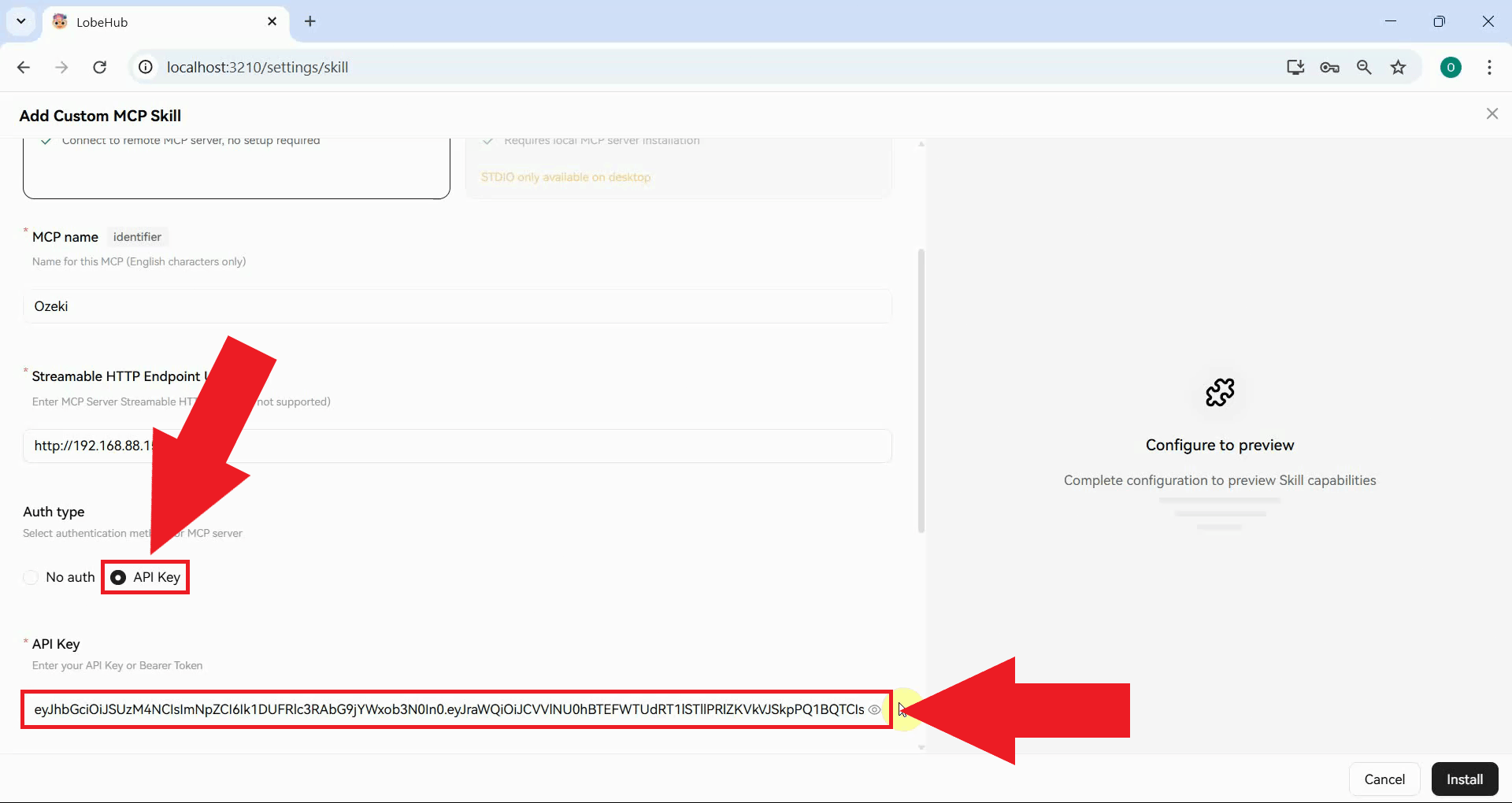 Enable API key auth and paste key in LobeHub