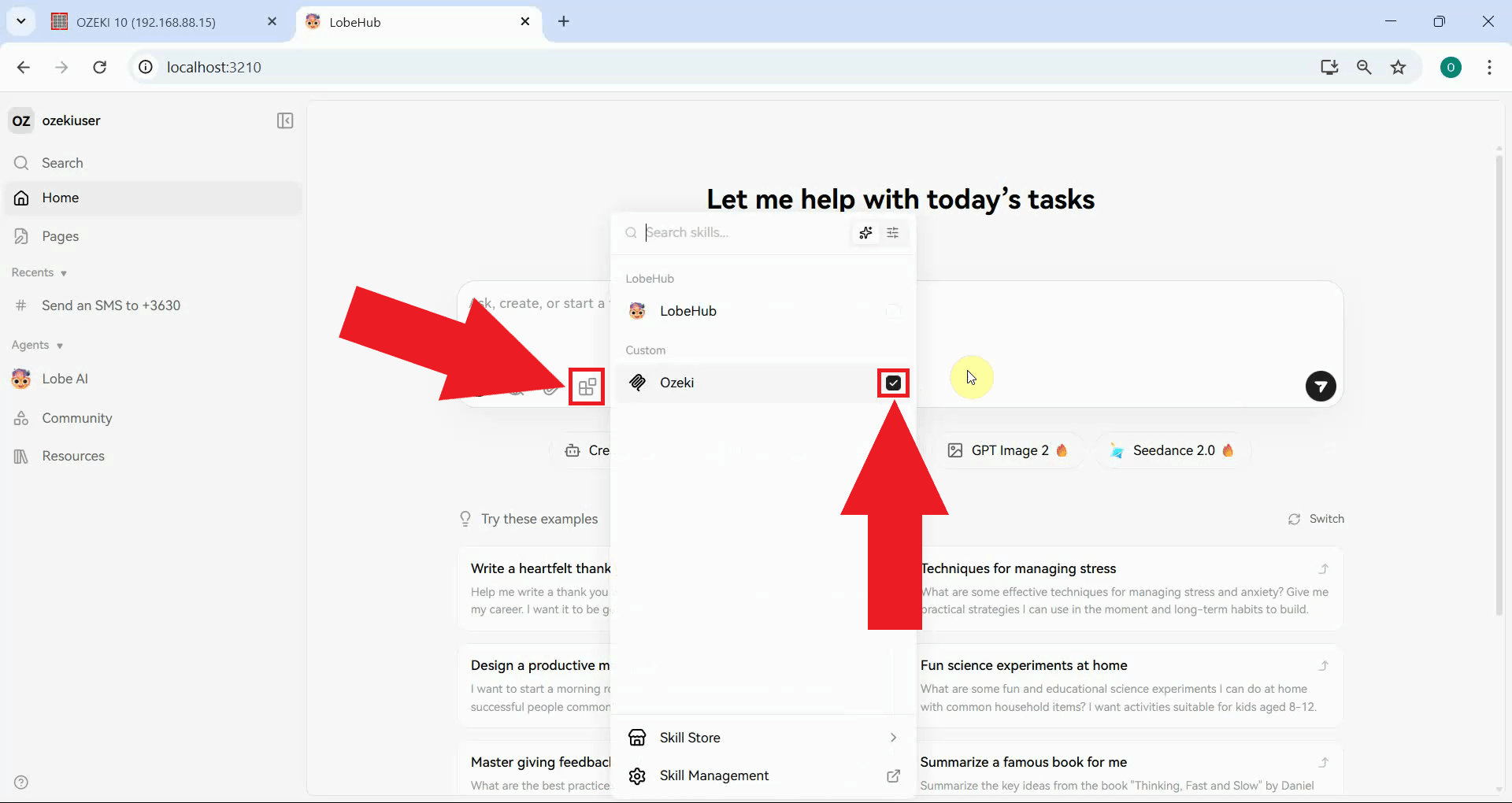 Enable Ozeki SMS MCP skill in LobeHub chat