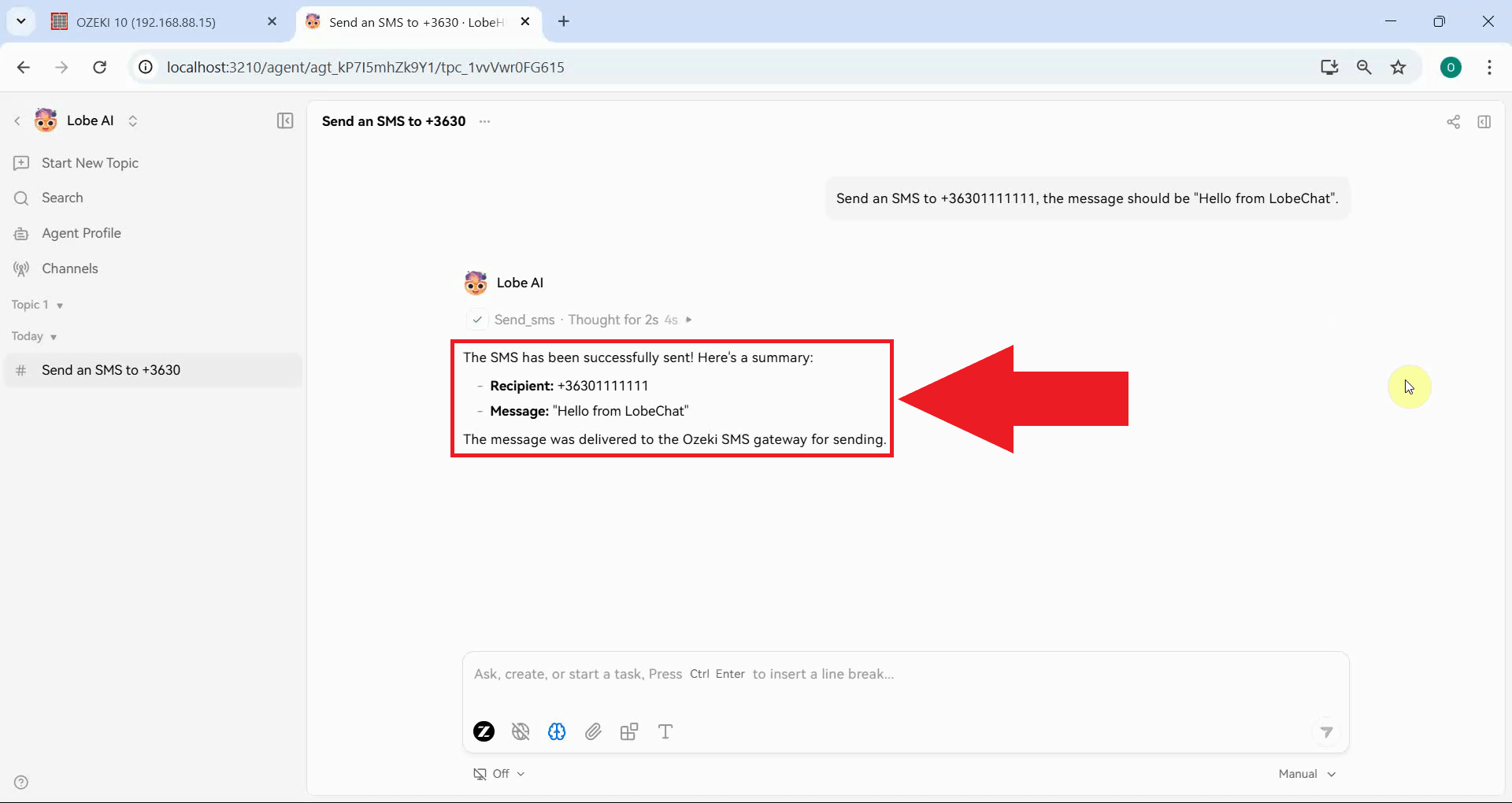 Send SMS tool result in LobeHub