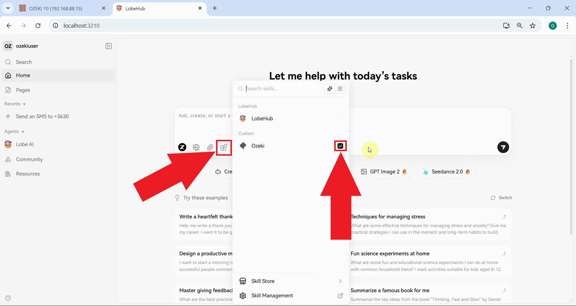 Enable Ozeki SMS MCP skill in LobeHub chat