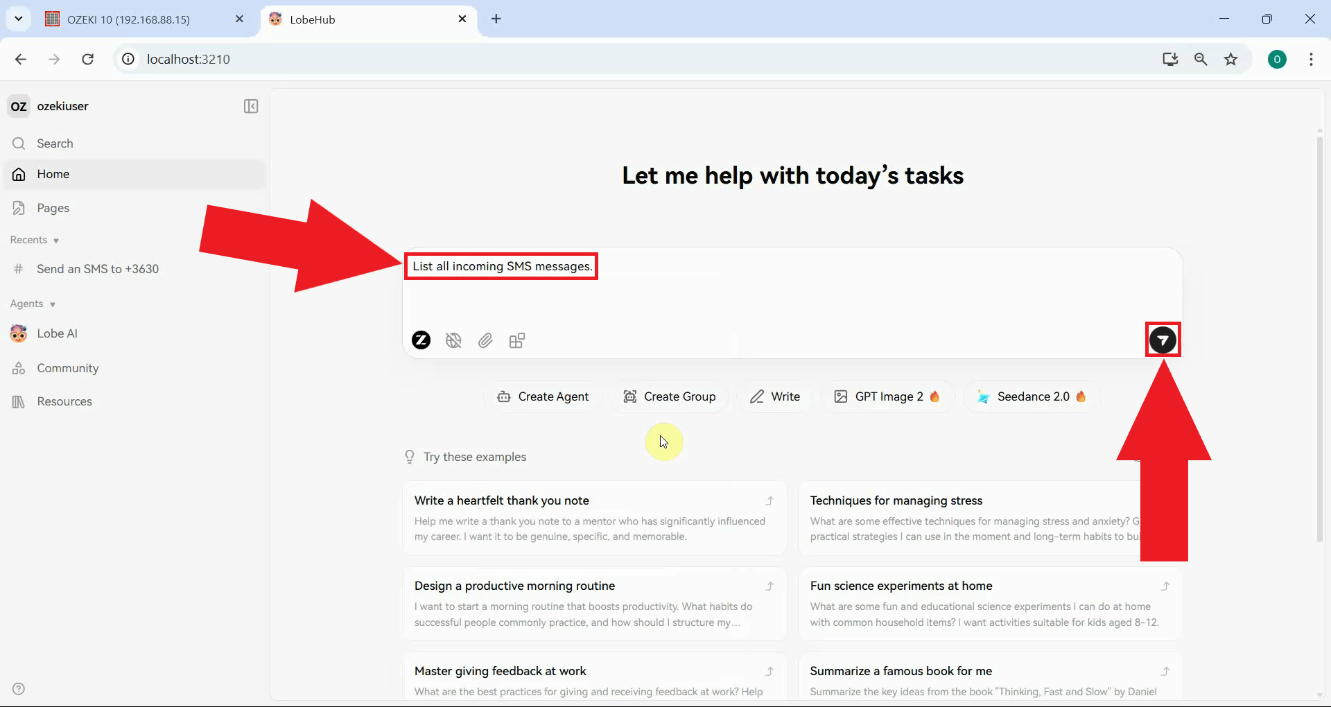 Ask AI agent to list incoming messages in LobeHub