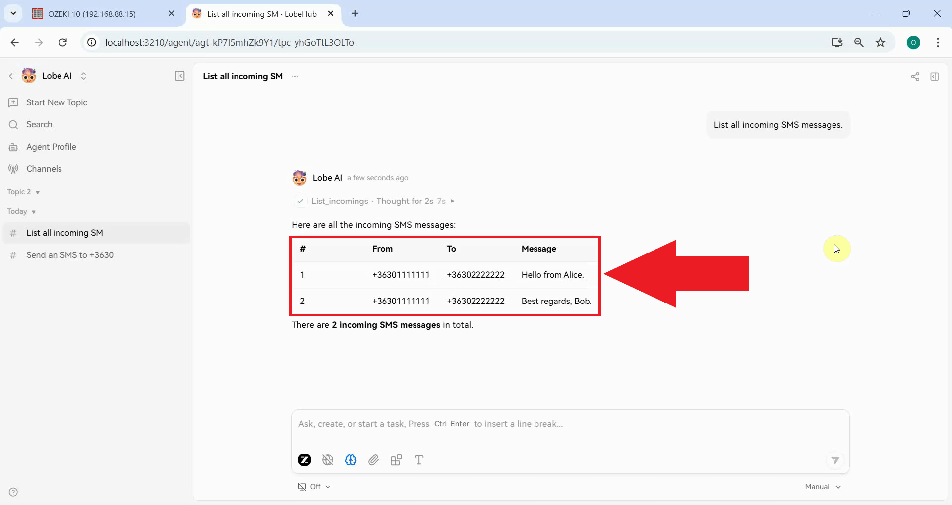 List incoming messages tool result in LobeHub
