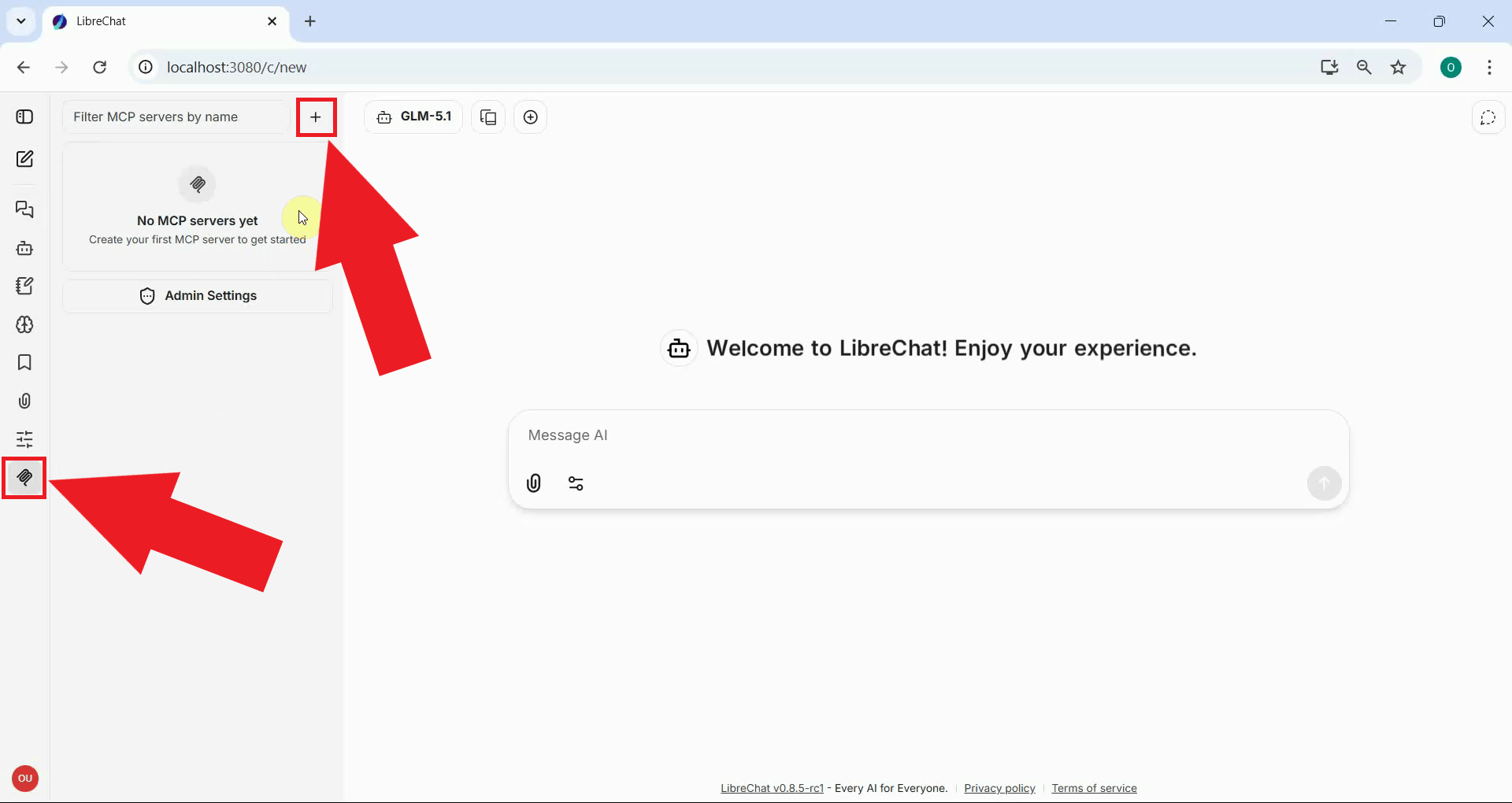 Navigate to MCP Servers in LibreChat and press Add