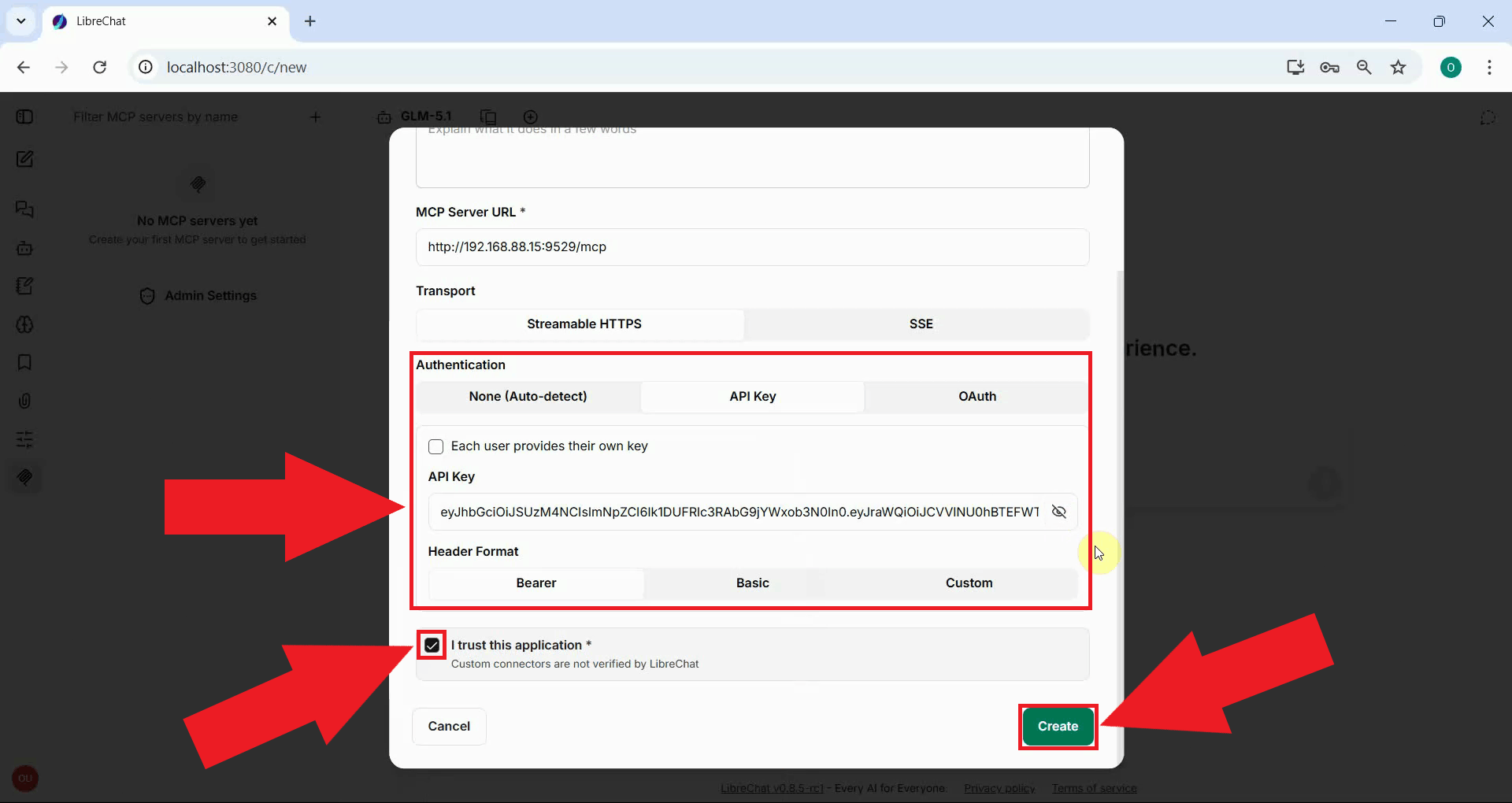 Select API key auth, paste token and create connection