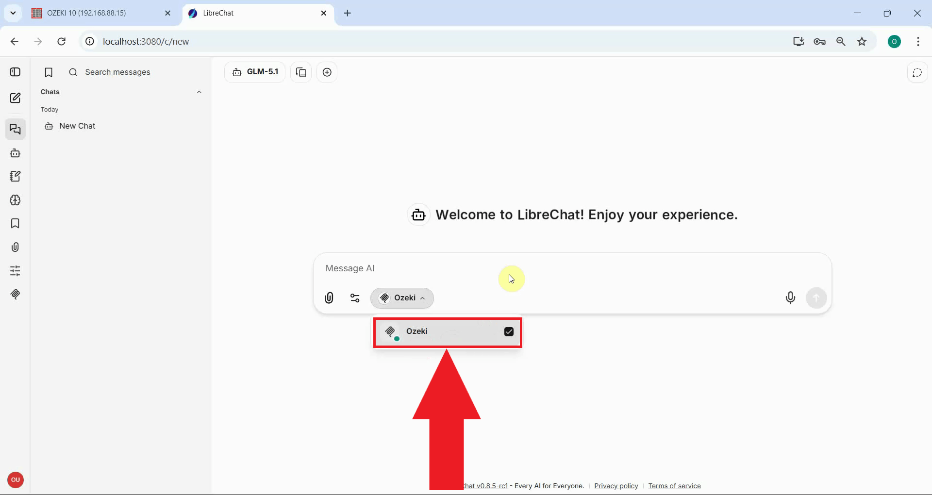Verify Ozeki SMS MCP connection in LibreChat