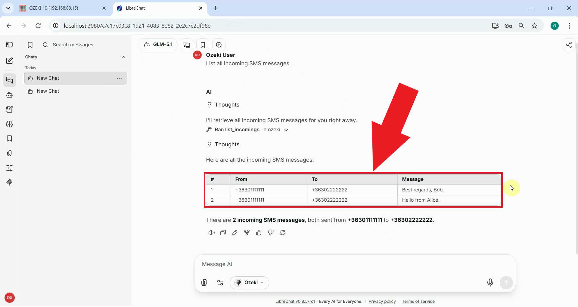 List incoming messages tool result in LibreChat