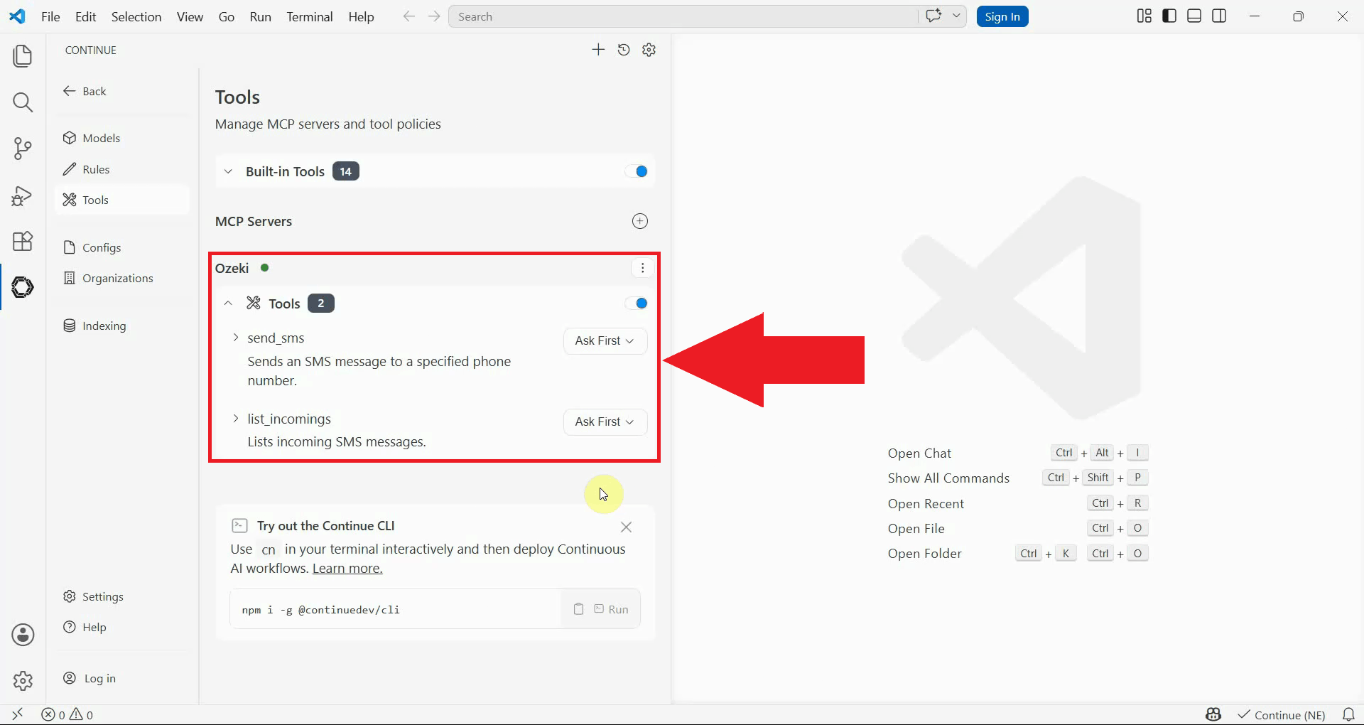 View Ozeki SMS MCP tools in Continue
