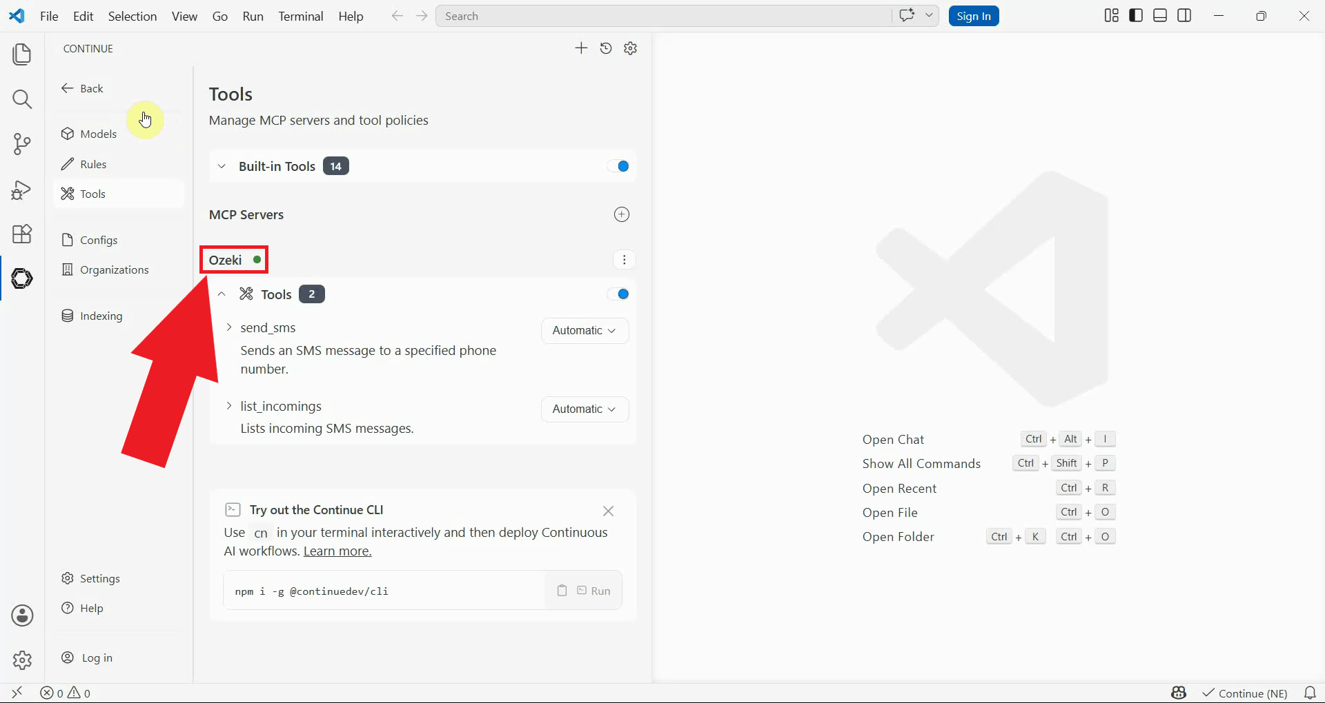 Verify Ozeki SMS MCP connected in Continue tools